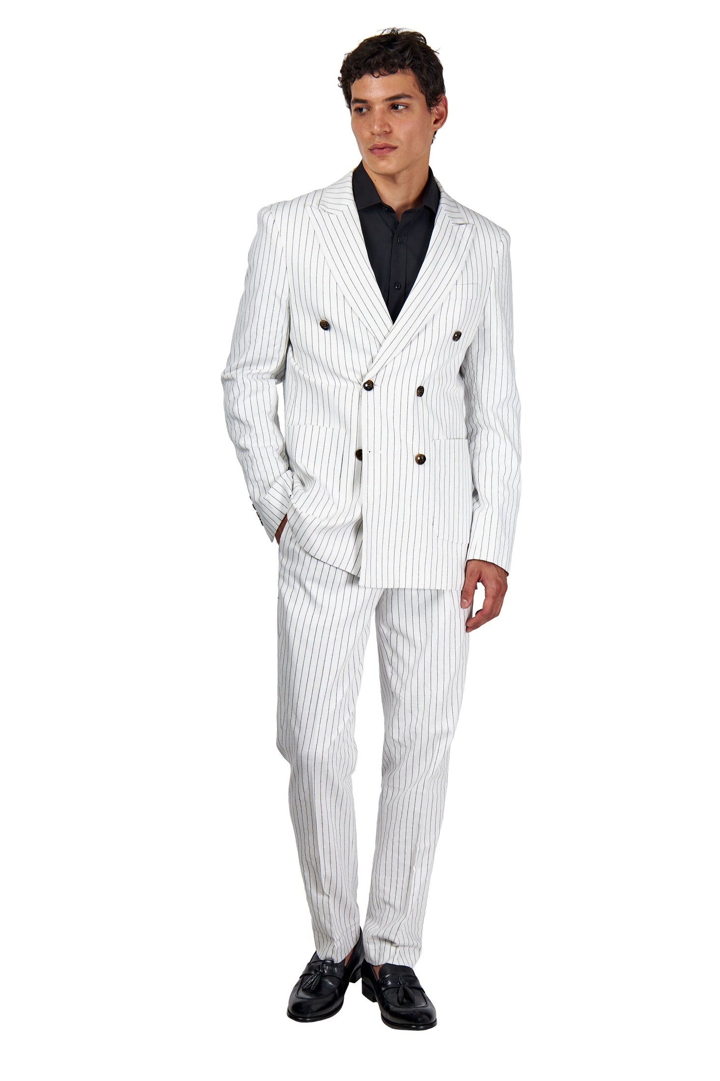 LLOYD – Double Breasted Linen Jacket In White Pinstripes