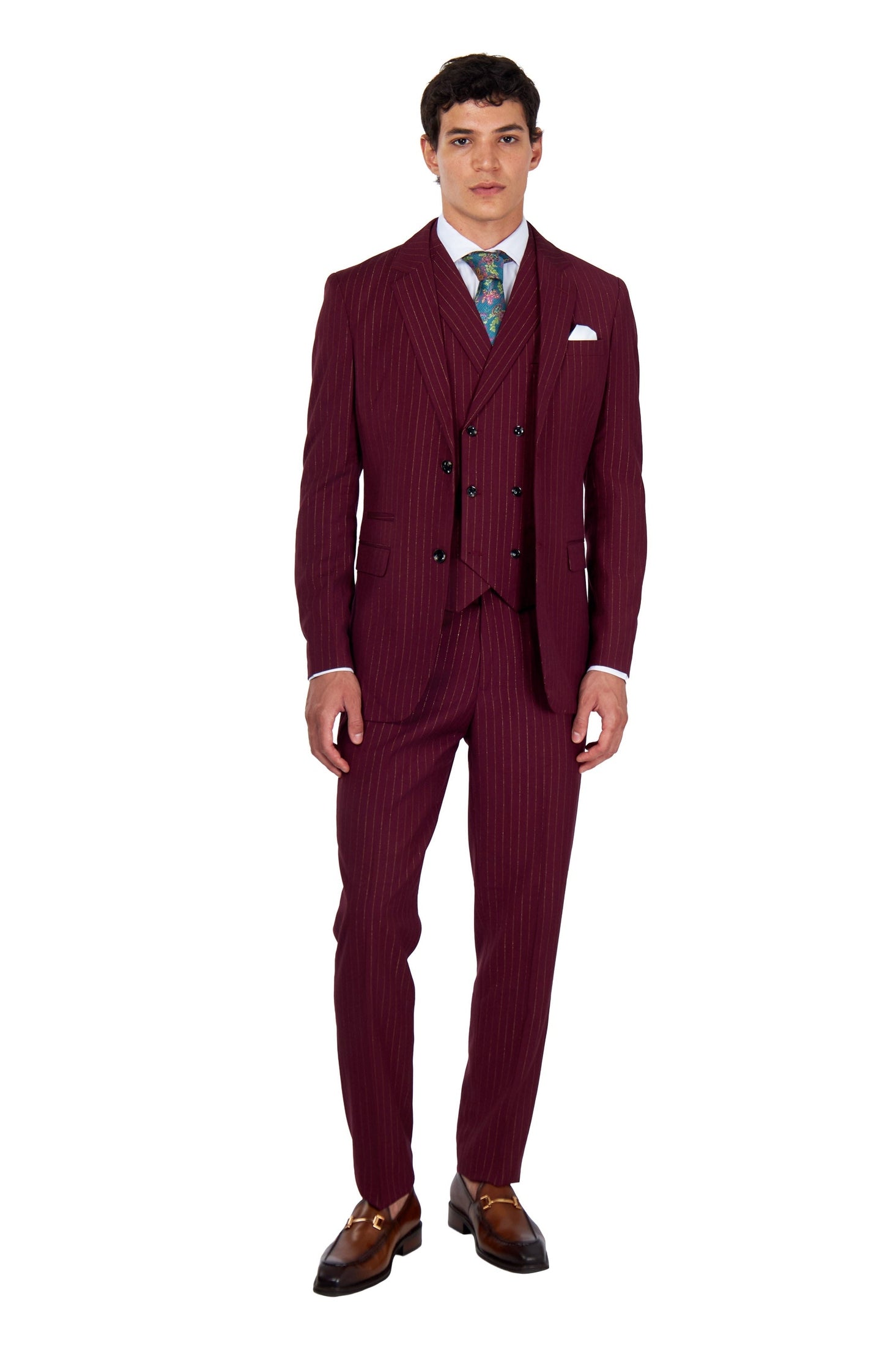 NEIL – Mens Maroon Gold Pinstripe Blazer Tailored Fit Jacket