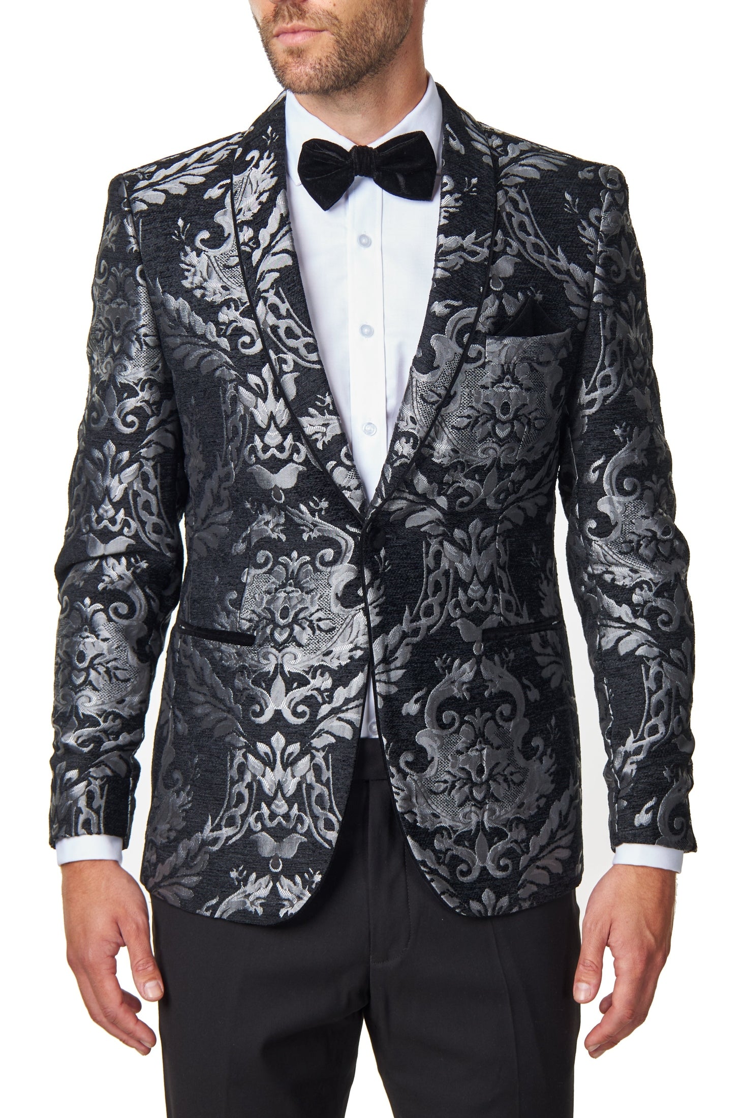 GLEN - Grey Floral Foliage on Black Jacquard Tuxedo Jacket