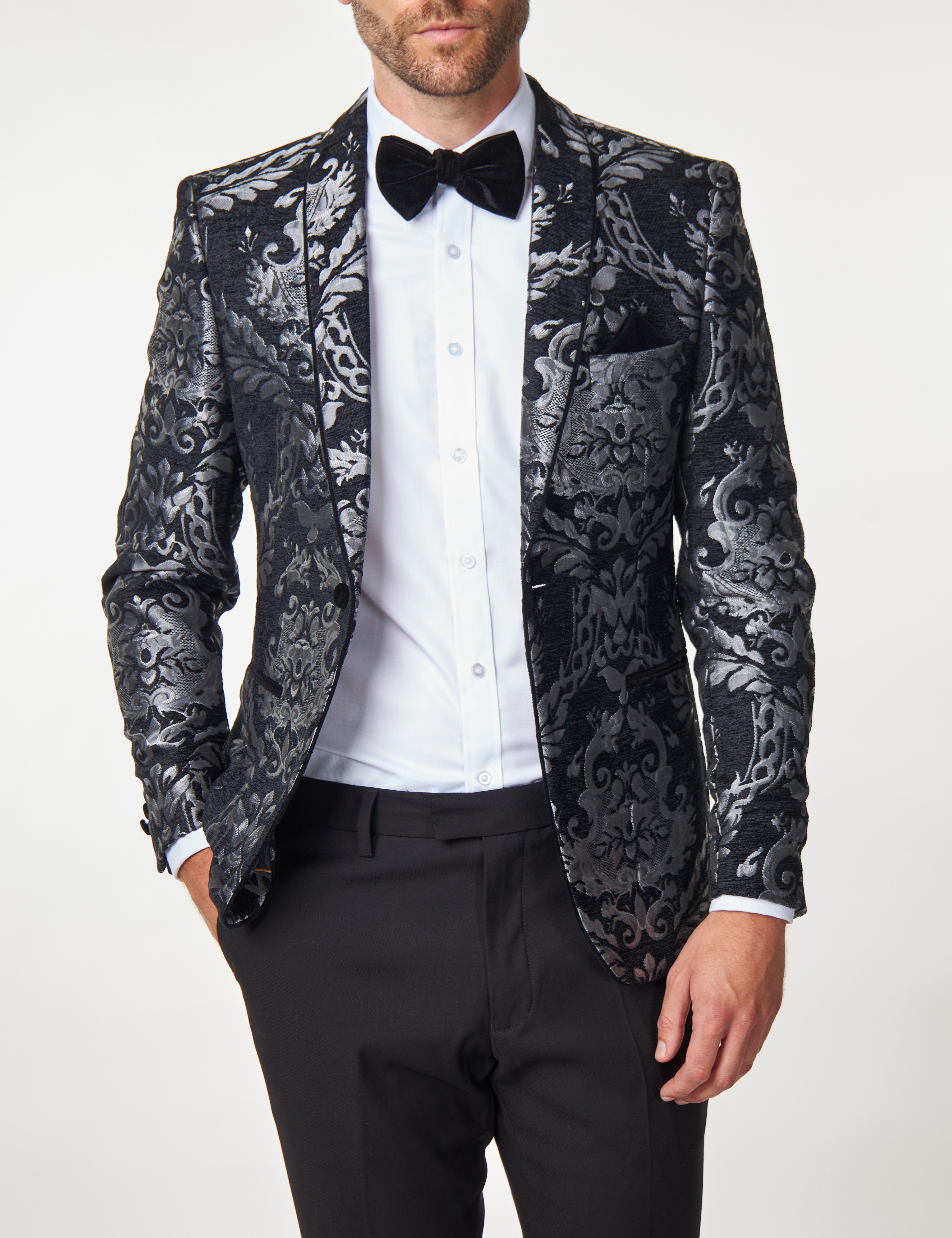 GLEN - Grey Floral Foliage on Black Jacquard Tuxedo Jacket