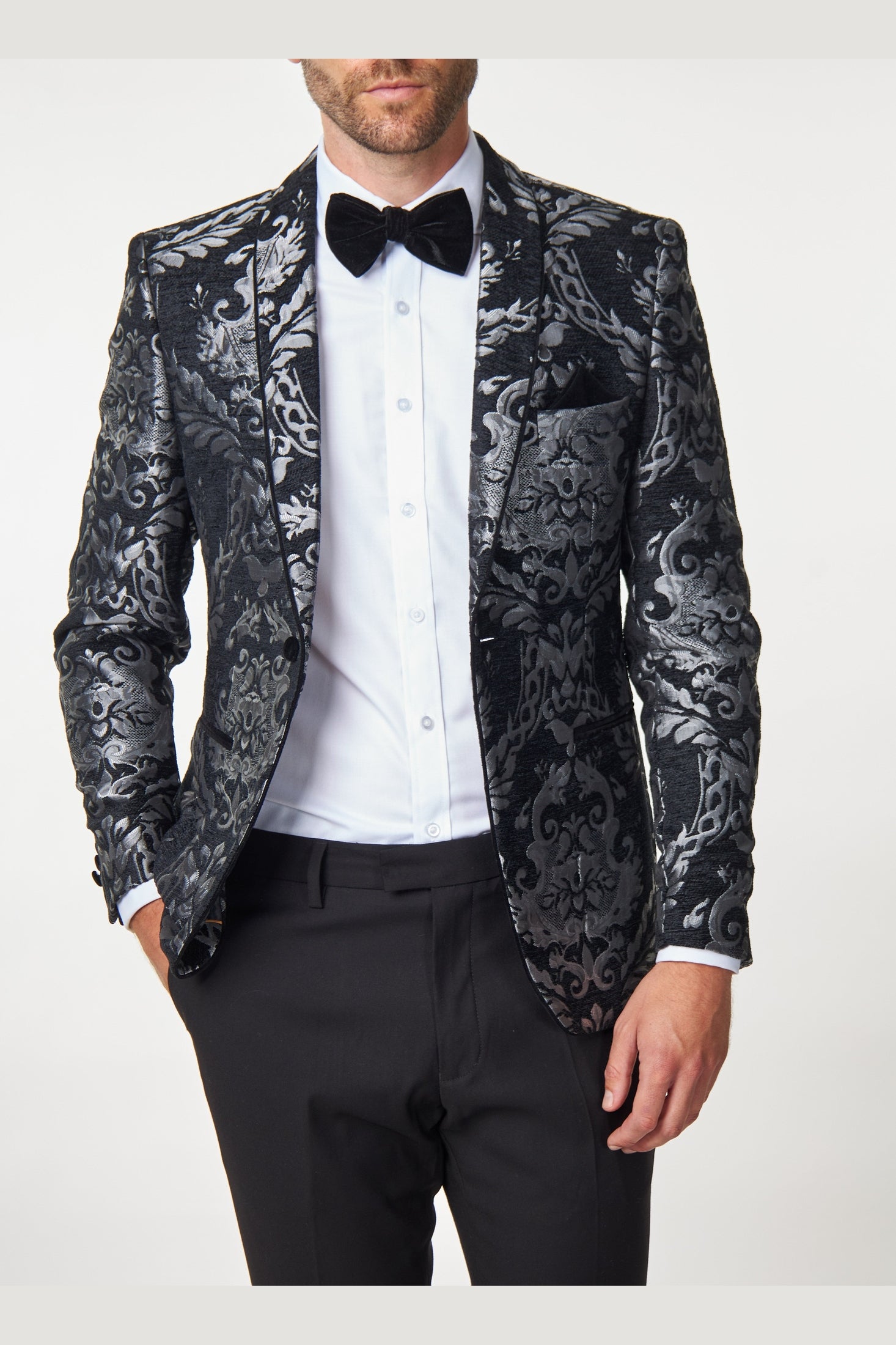 GLEN - Grey Floral Foliage on Black Jacquard Tuxedo Jacket