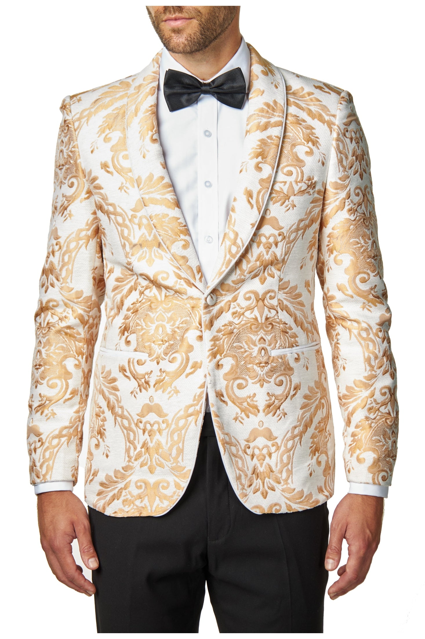 GLEN - Peach Paisley Brocade Print on Ivory Cream Jacquard Jacket