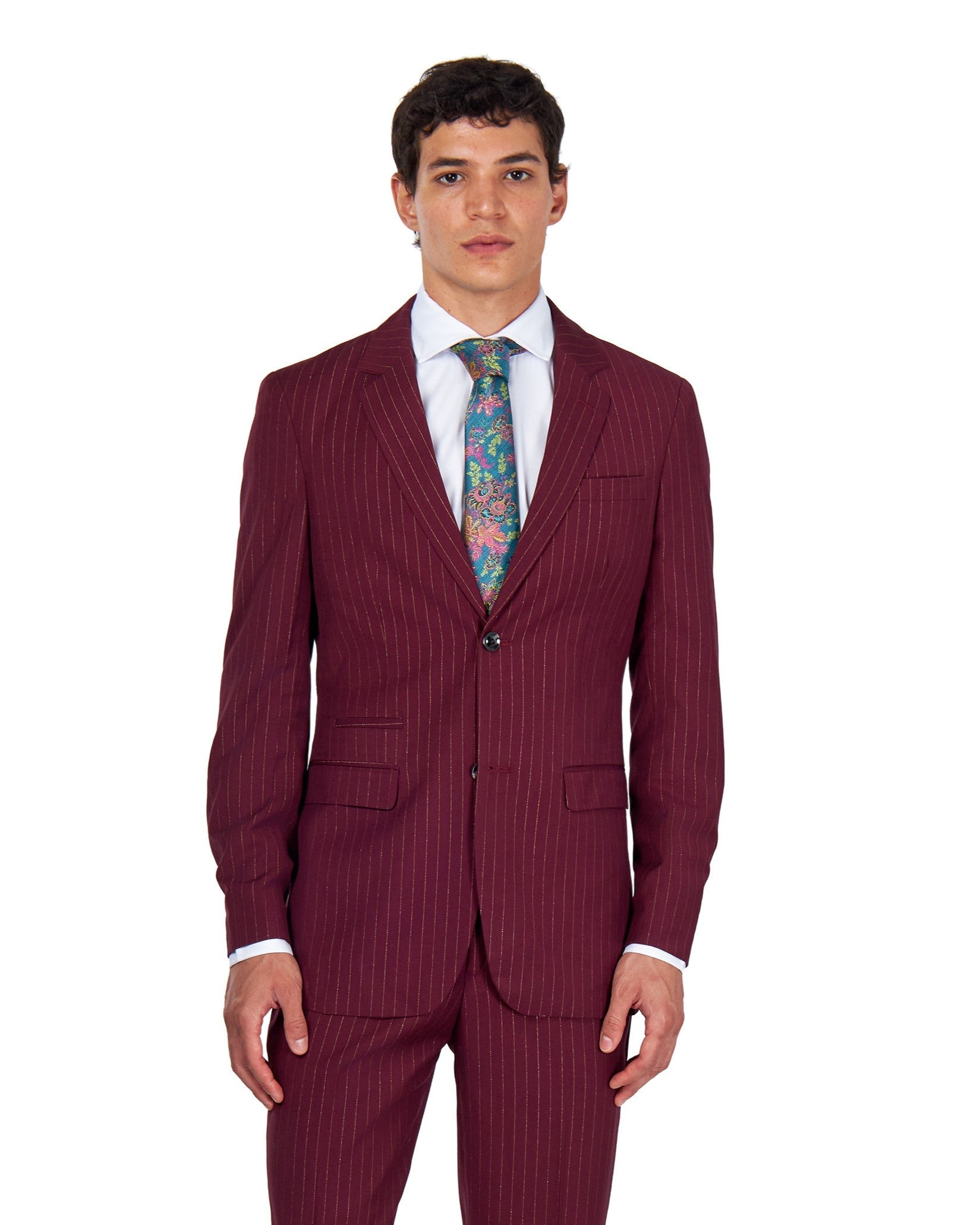 NEIL – Mens Maroon Gold Pinstripe Blazer Tailored Fit Jacket