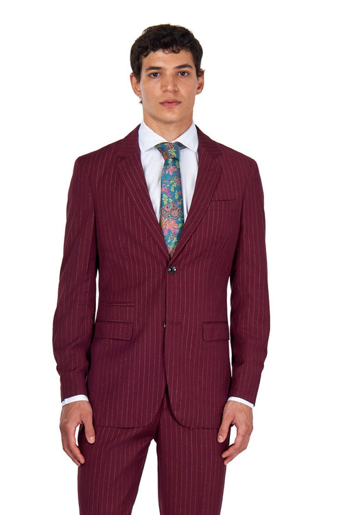 NEIL – Mens Maroon Gold Pinstripe Blazer Tailored Fit Jacket