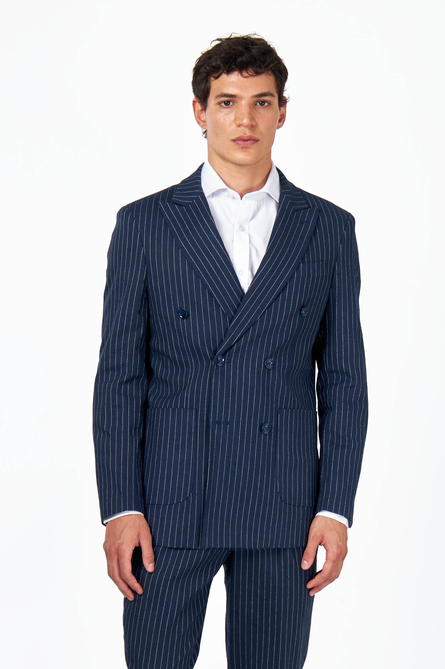 LLOYD – Double Breasted Linen Jacket In Navy Pinstripes