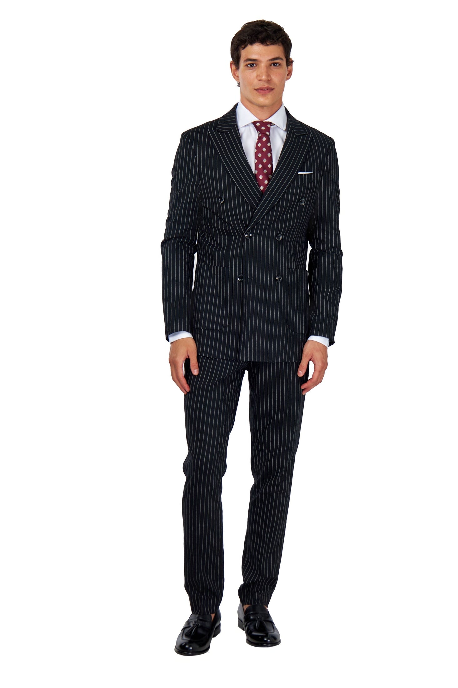LLOYD – Double Breasted Linen Jacket In Black Pinstripes