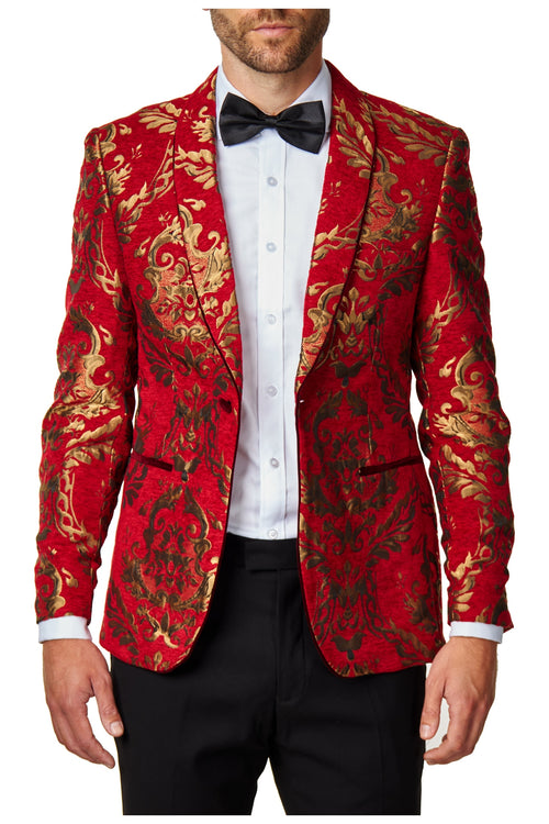 Goldbrokat-Paisley-Druck auf purpurroter Jacquard-Jacke