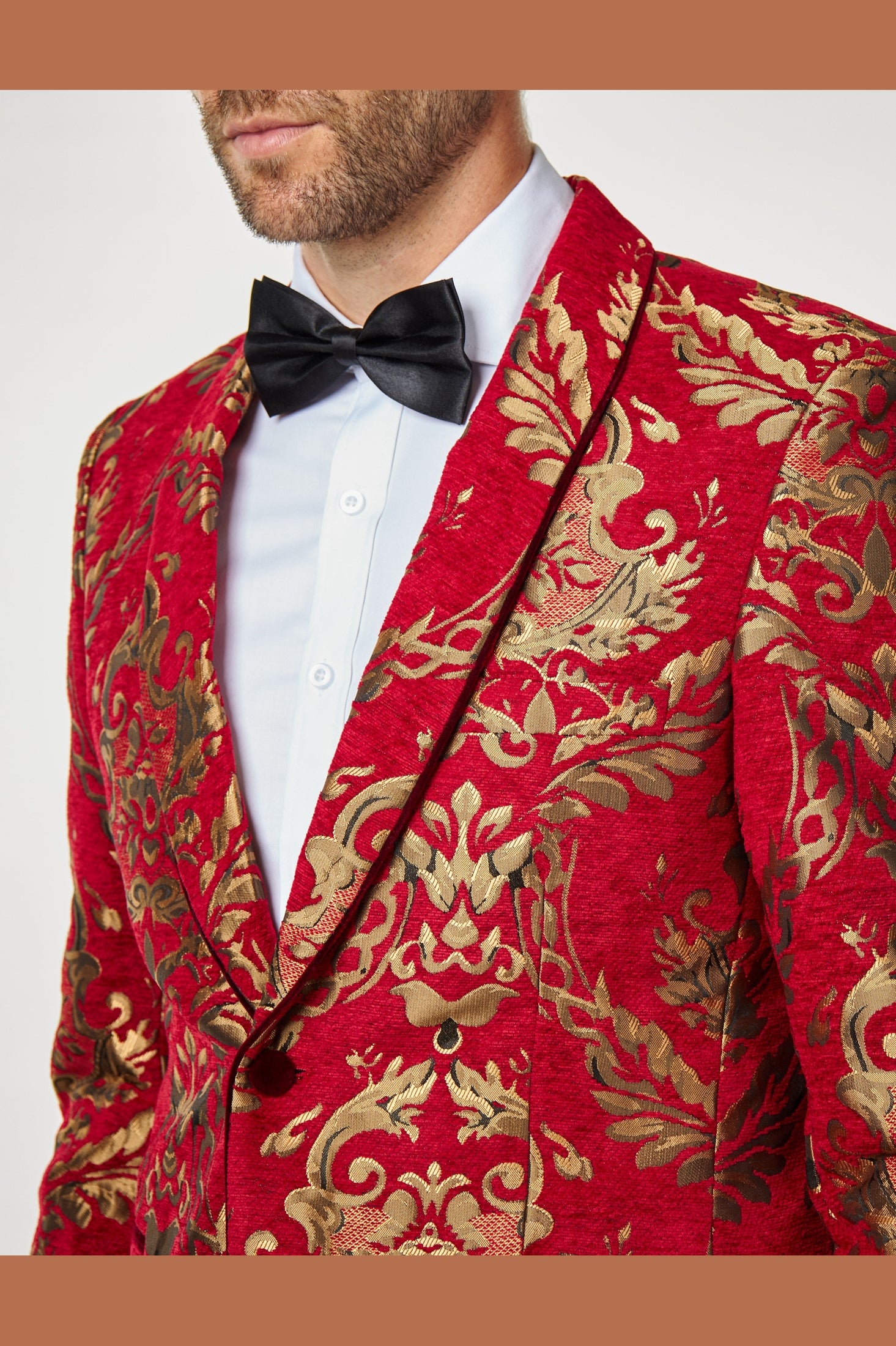 GLEN - Gold Brocade Paisley Print on Crimson Red Jacquard Tux Jacket