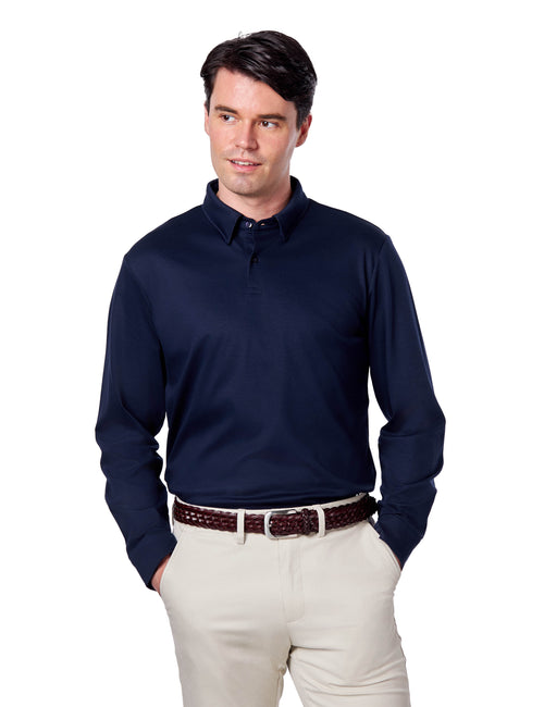 Mercerised Cotton Navy Polo Shirt Long Sleeve