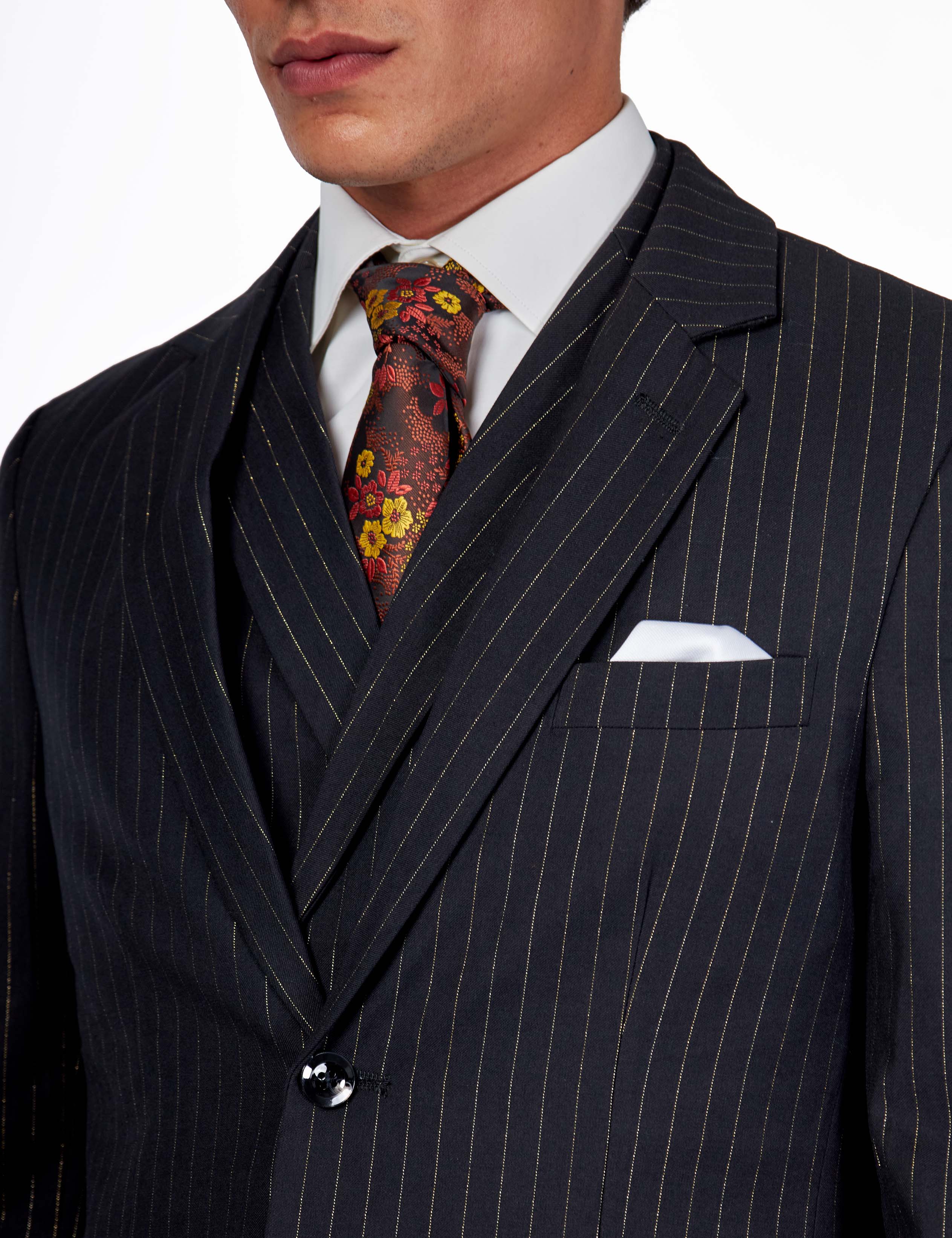 NEIL - Mens Black 3-Piece Suit Fine Gold Pinstripes Tailored Fit