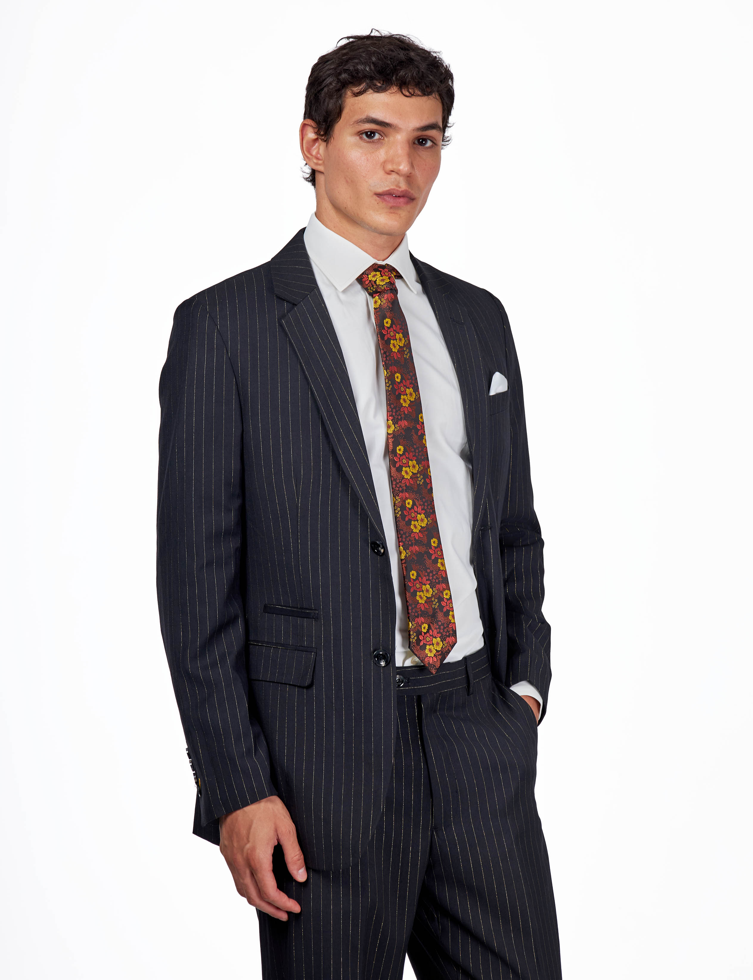 NEIL – Mens Black Two Piece Suit Gold Pinstripe