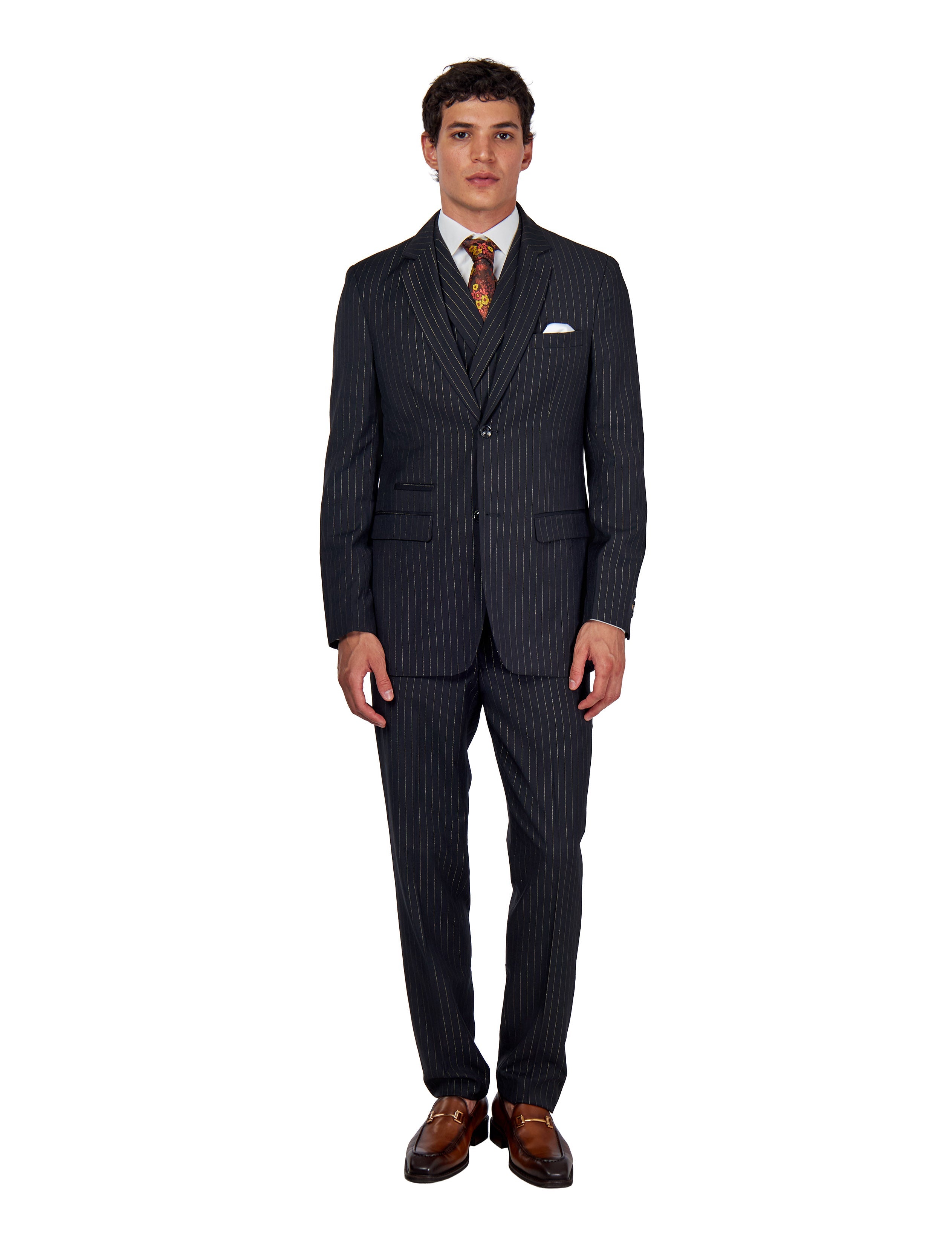 NEIL - Mens Black 3-Piece Suit Fine Gold Pinstripes Tailored Fit