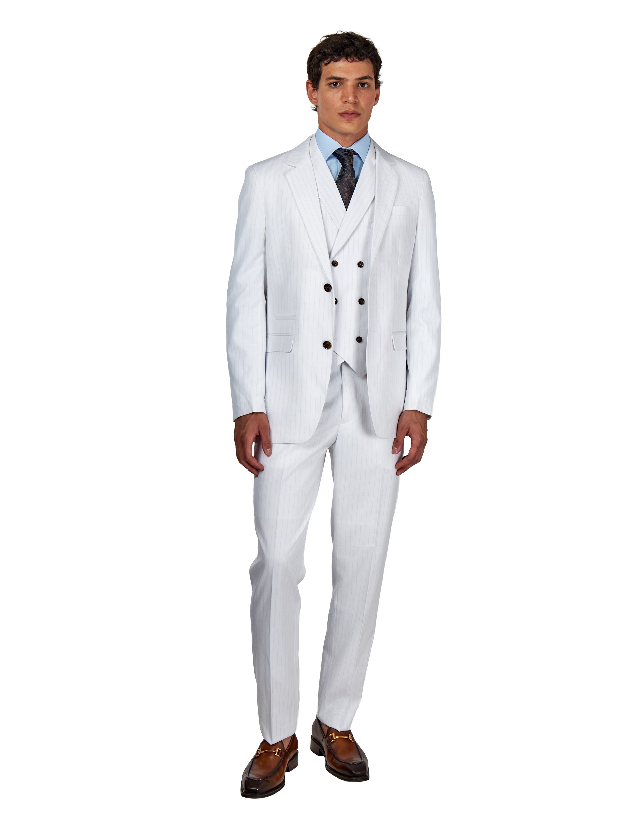 NEIL - Mens White Tailored 3-Piece Suit with Fine Gold Pinstripes