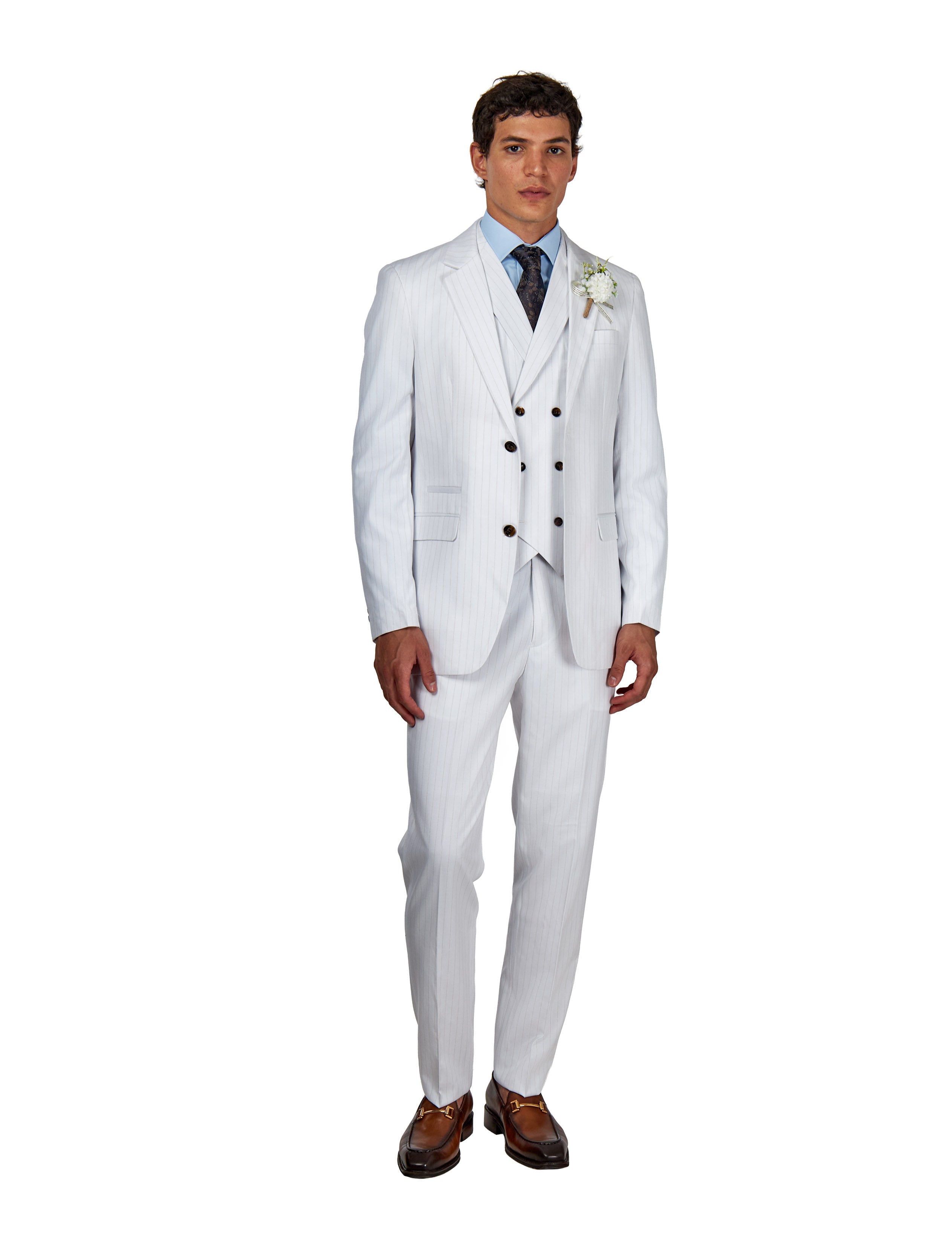 NEIL - Mens White Tailored 3-Piece Suit with Fine Gold Pinstripes