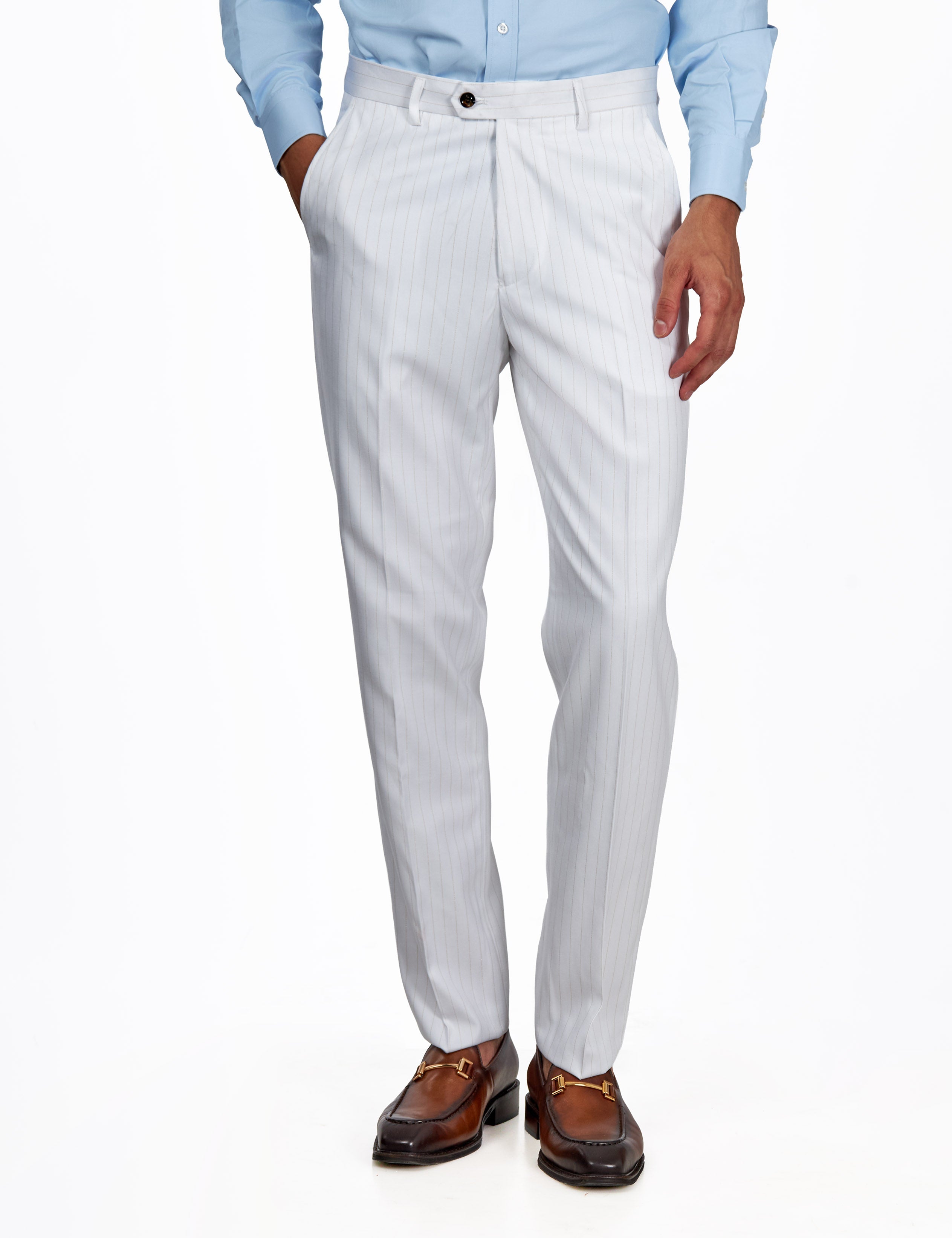 NEIL - Mens White Tailored 3-Piece Suit with Fine Gold Pinstripes