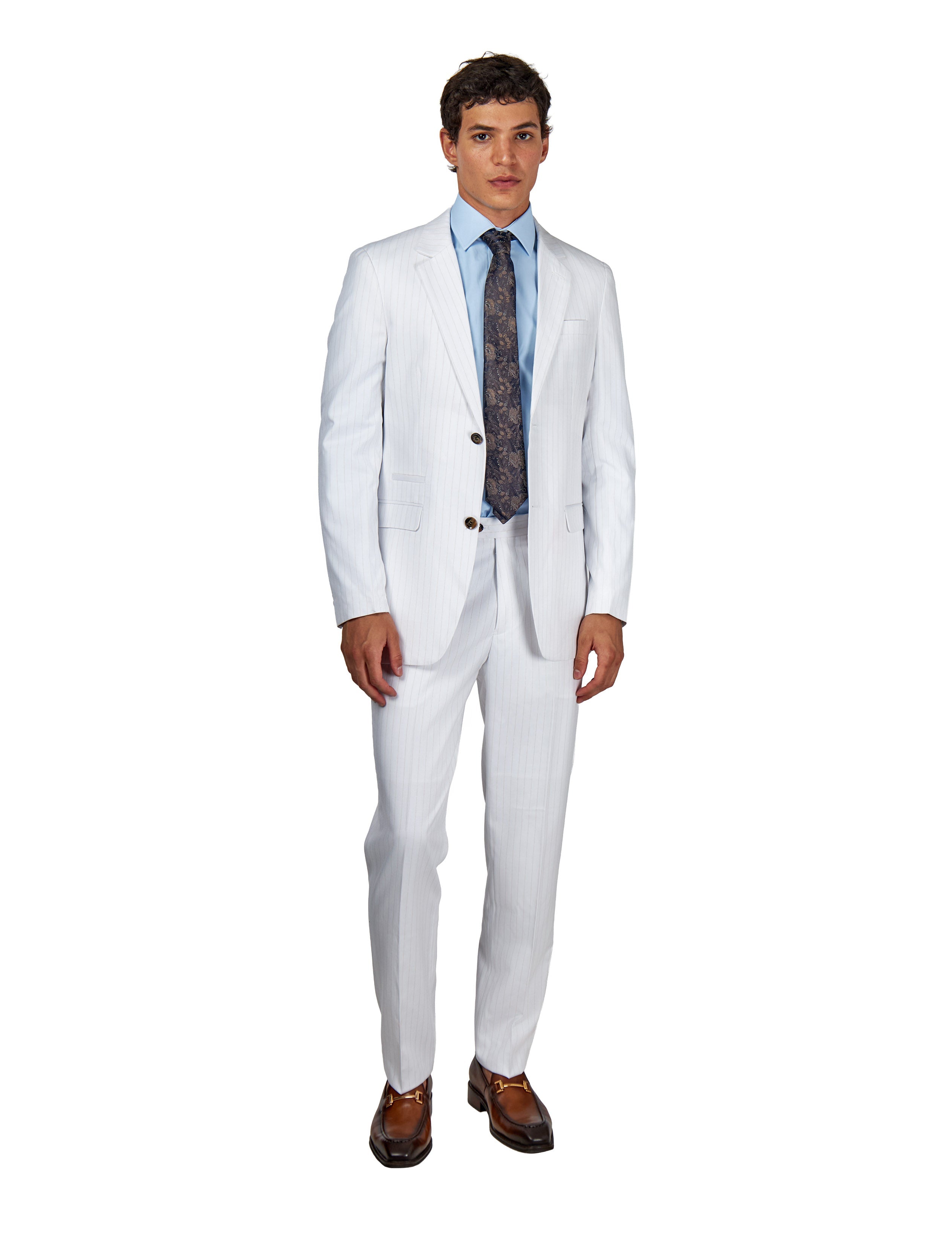 NEIL - Mens White Tailored 3-Piece Suit with Fine Gold Pinstripes