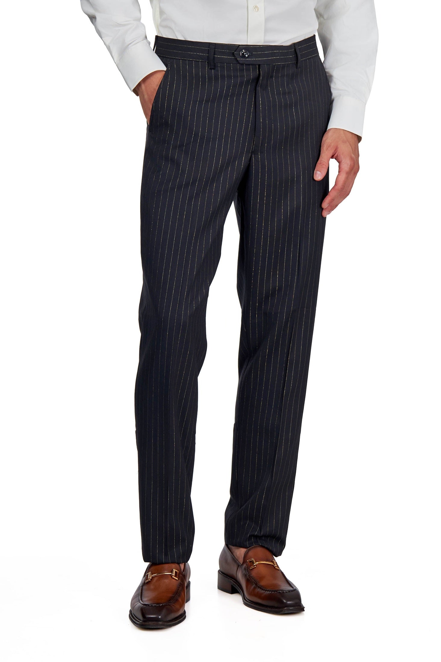 Tailored Mens Black Gold Pinstripe Suit Trousers Tapered Fit Formal Pants XPOSED Tailored Mens Black Gold Pinstripe Suit Trousers Tapered Fit Formal Pants XPOSED