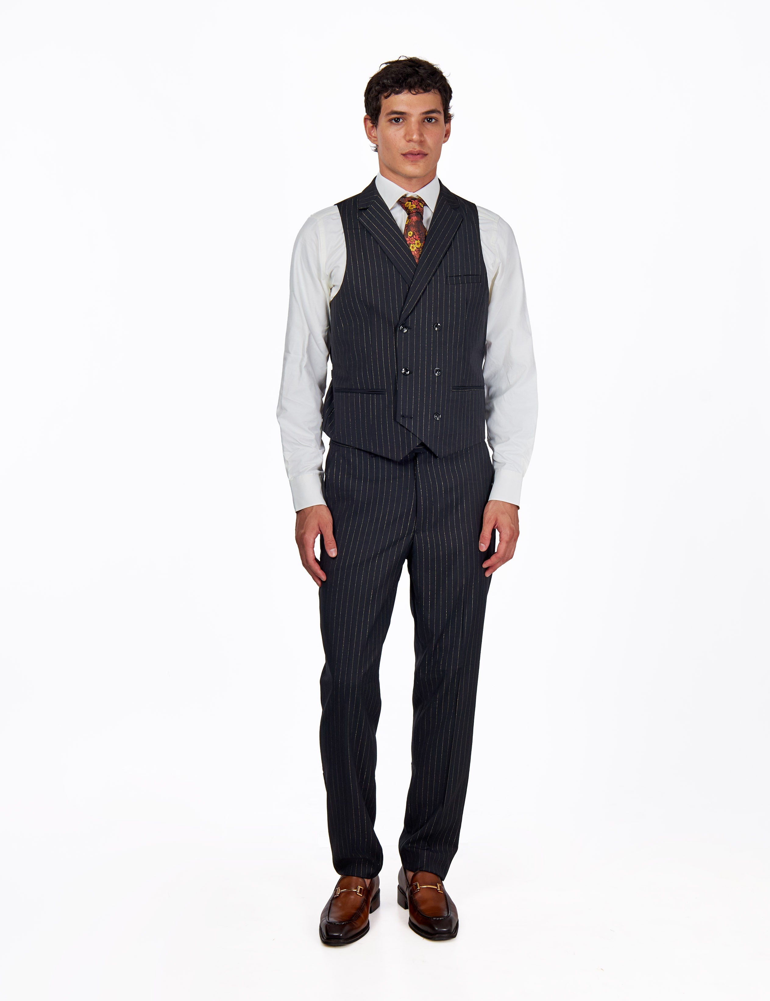 NEIL – Mens Double Breasted Waistcoat Black Gold Pinstripe