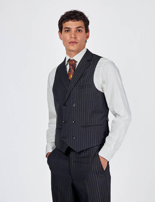 NEIL – Mens Double Breasted Waistcoat Black Gold Pinstripe