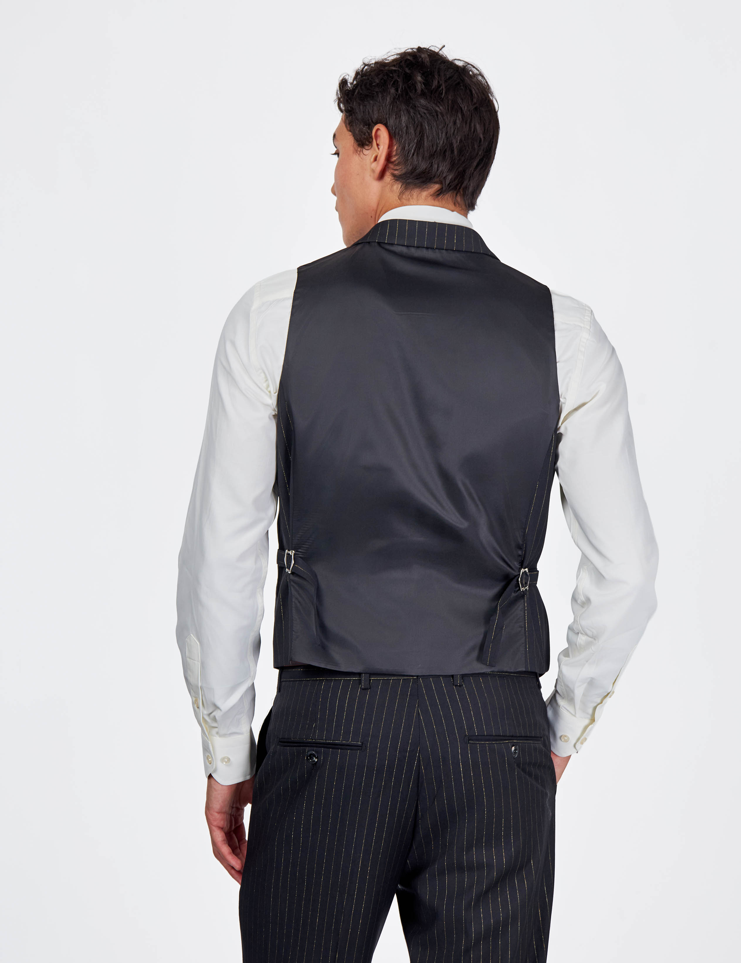 NEIL – Mens Double Breasted Waistcoat Black Gold Pinstripe