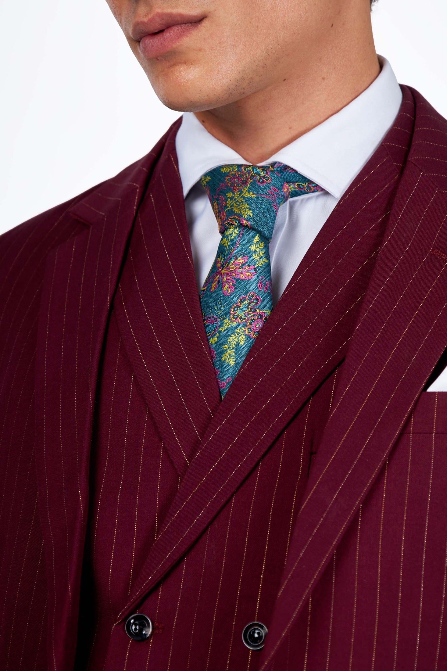 NEIL – Mens Double Breasted Waistcoat Maroon Gold Pinstripe
