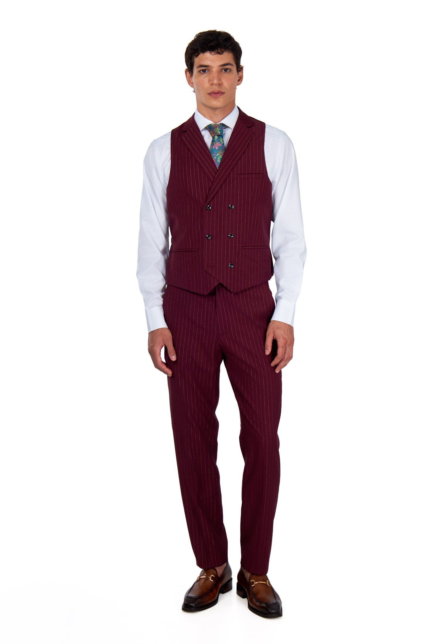 NEIL – Mens Double Breasted Waistcoat Maroon Gold Pinstripe