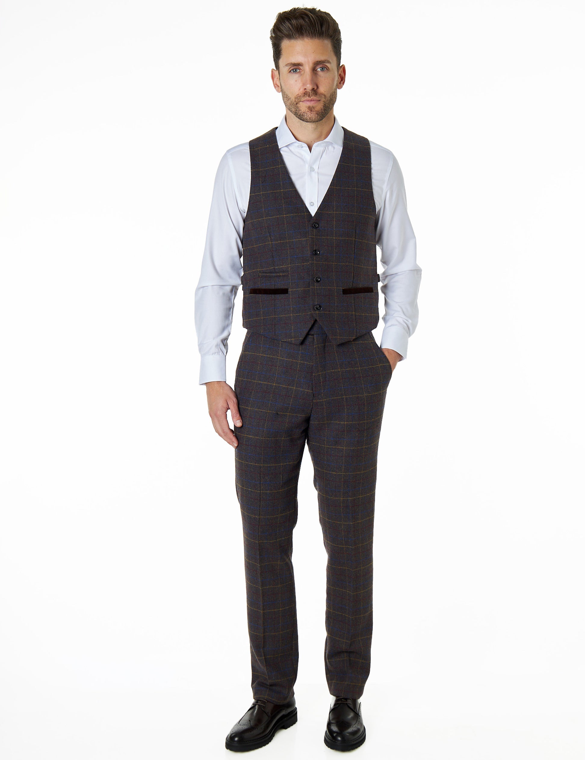 Madison - Brown Tweed Check Plain Waistcoat