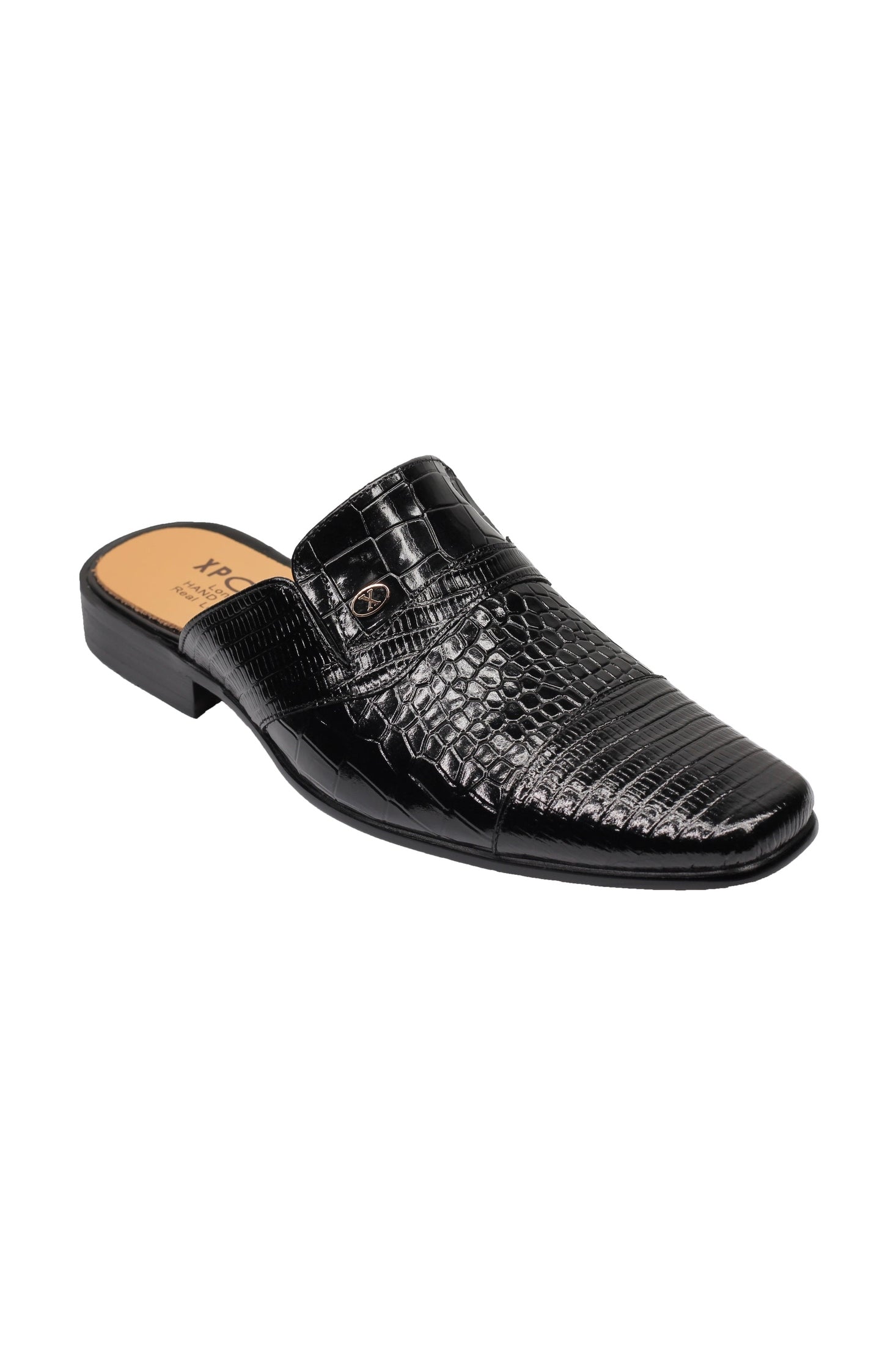 REAL LEATHER BLACK PRINTED HALF SHOE