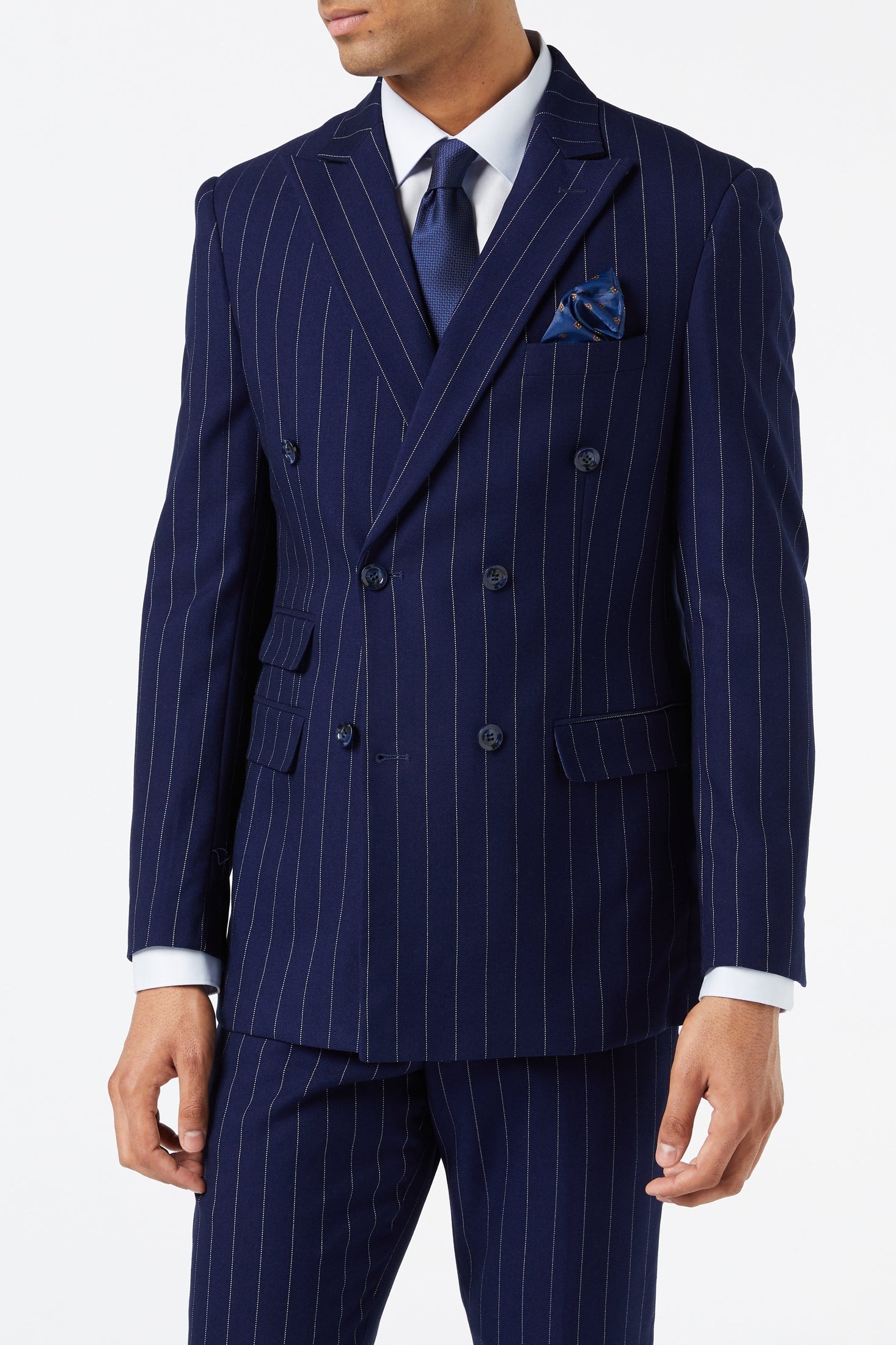 NAVY DOUBLE BREASTED WHITE PINSTRIPE JACKET