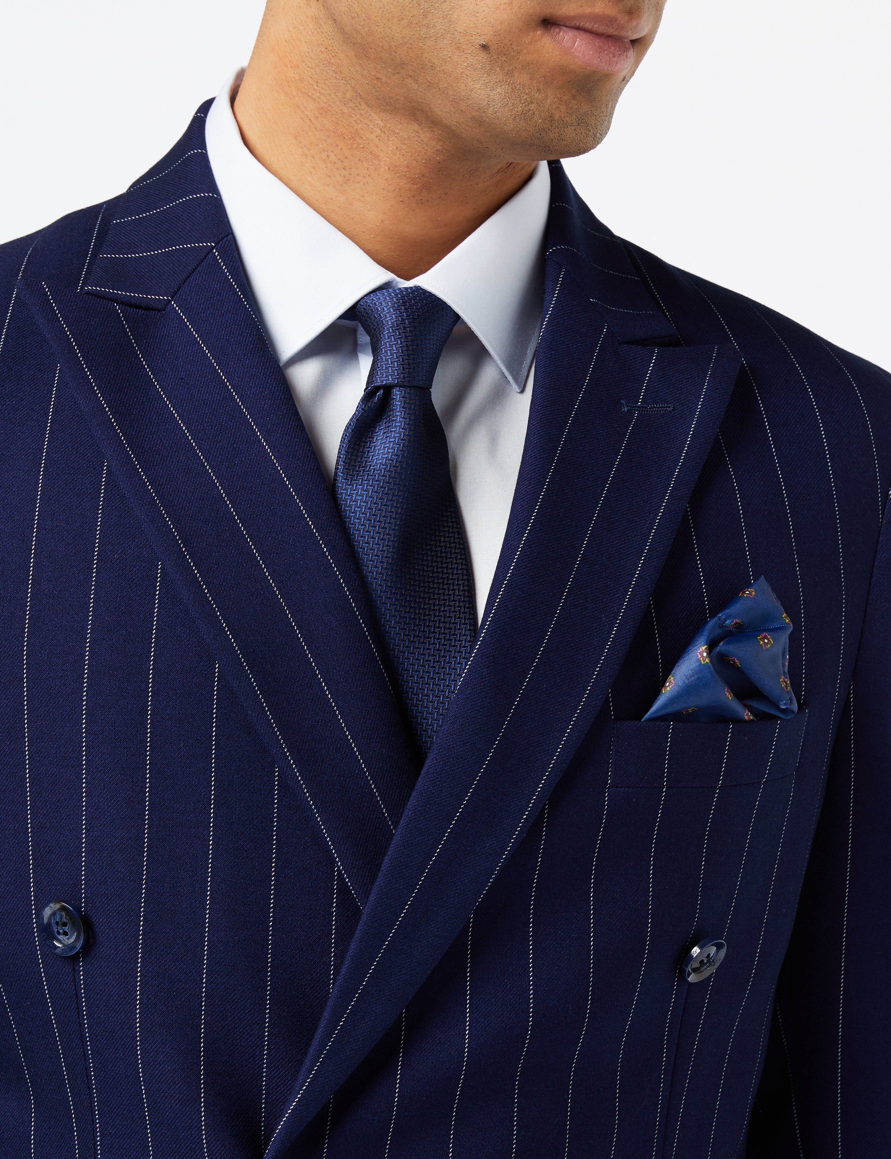 NAVY DOUBLE BREASTED WHITE PINSTRIPE JACKET