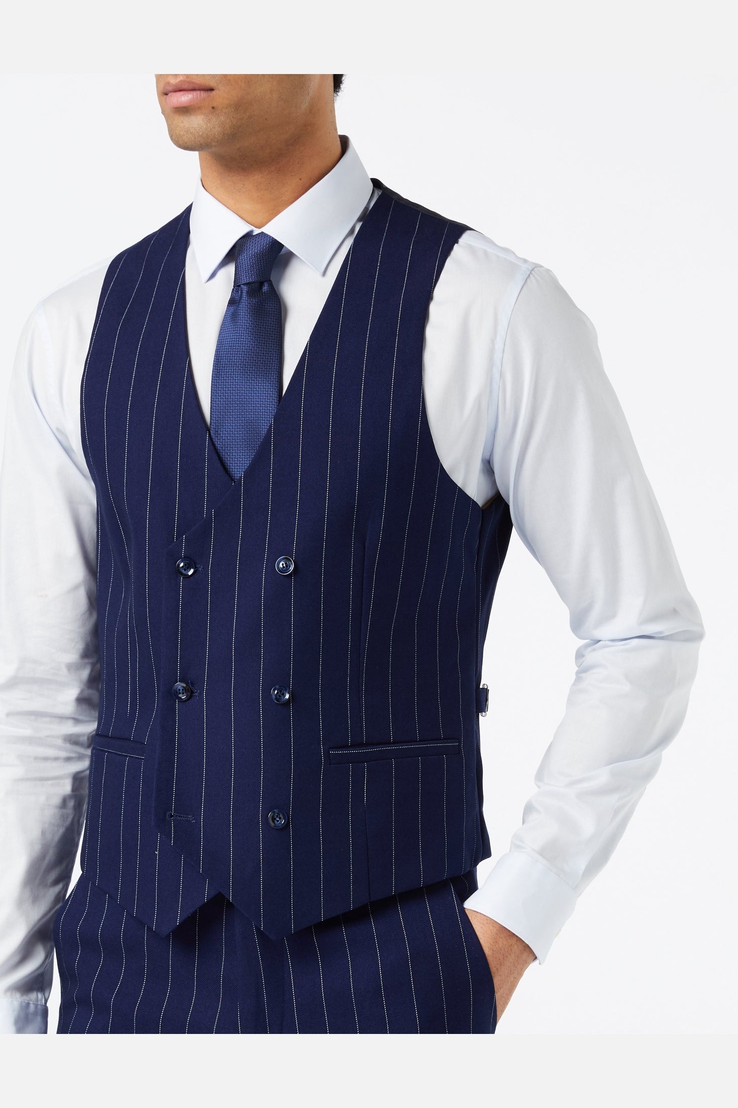 NAVY DOUBLE BREASTED WHITE PINSTRIPE JACKET