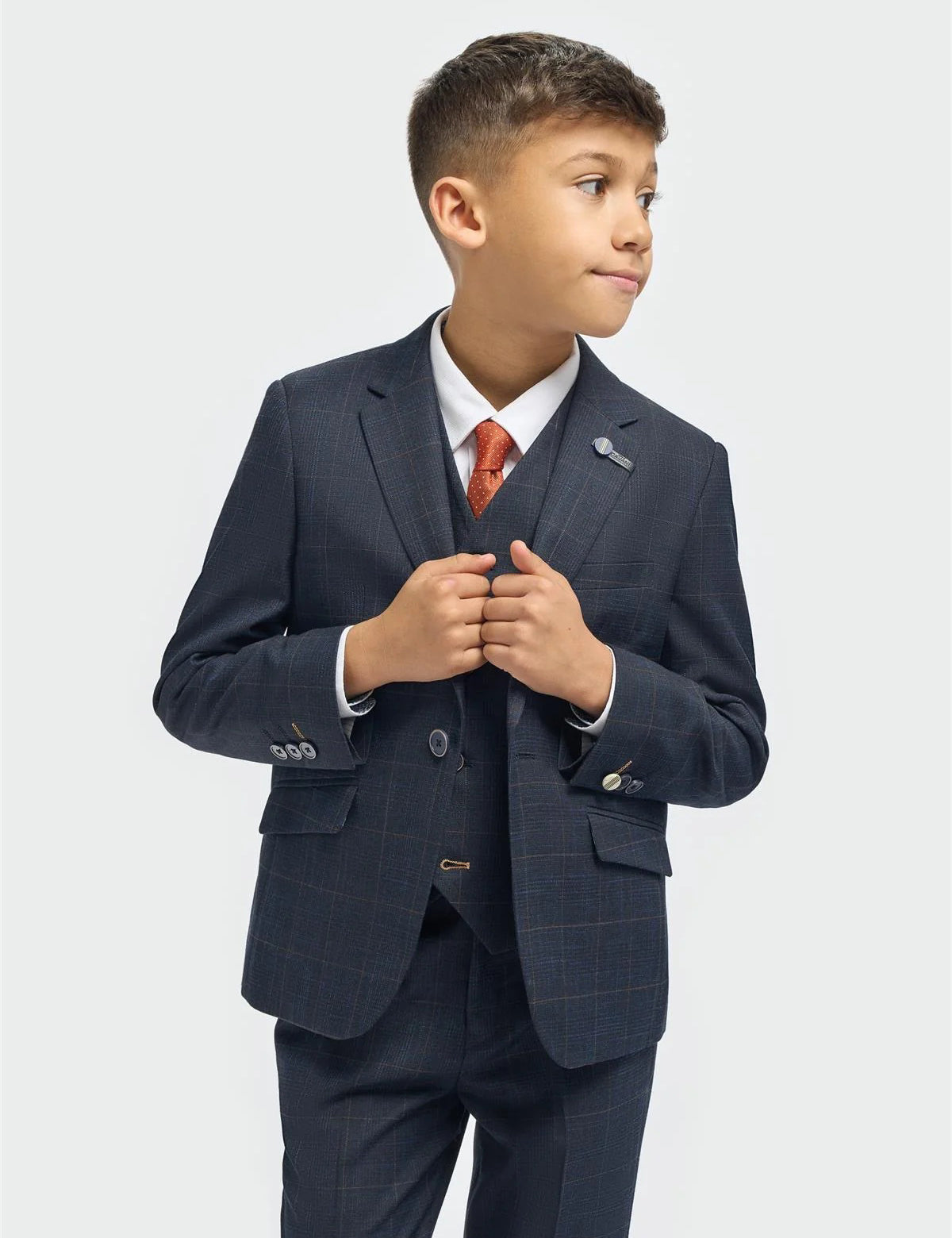 Torino Boys Navy Blue 3 Piece Suit Windowpane Check