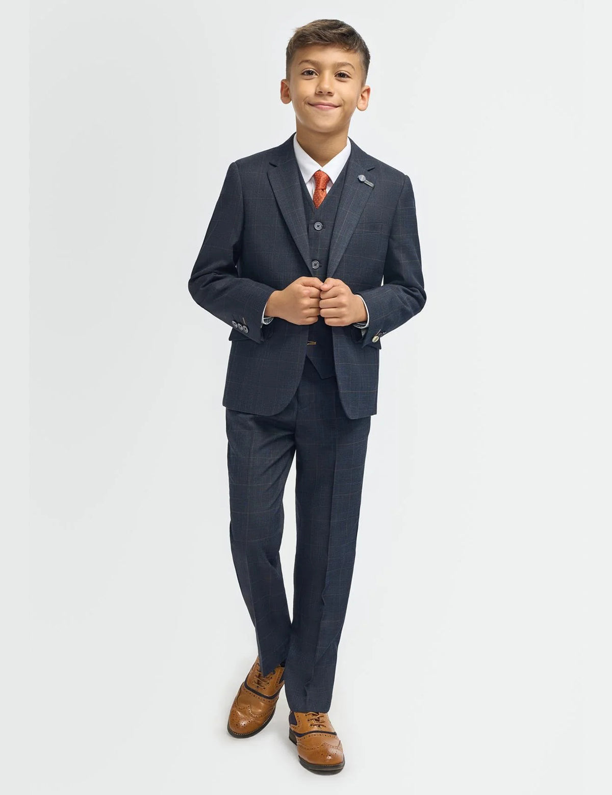 Torino Boys Navy Blue 3 Piece Suit Windowpane Check