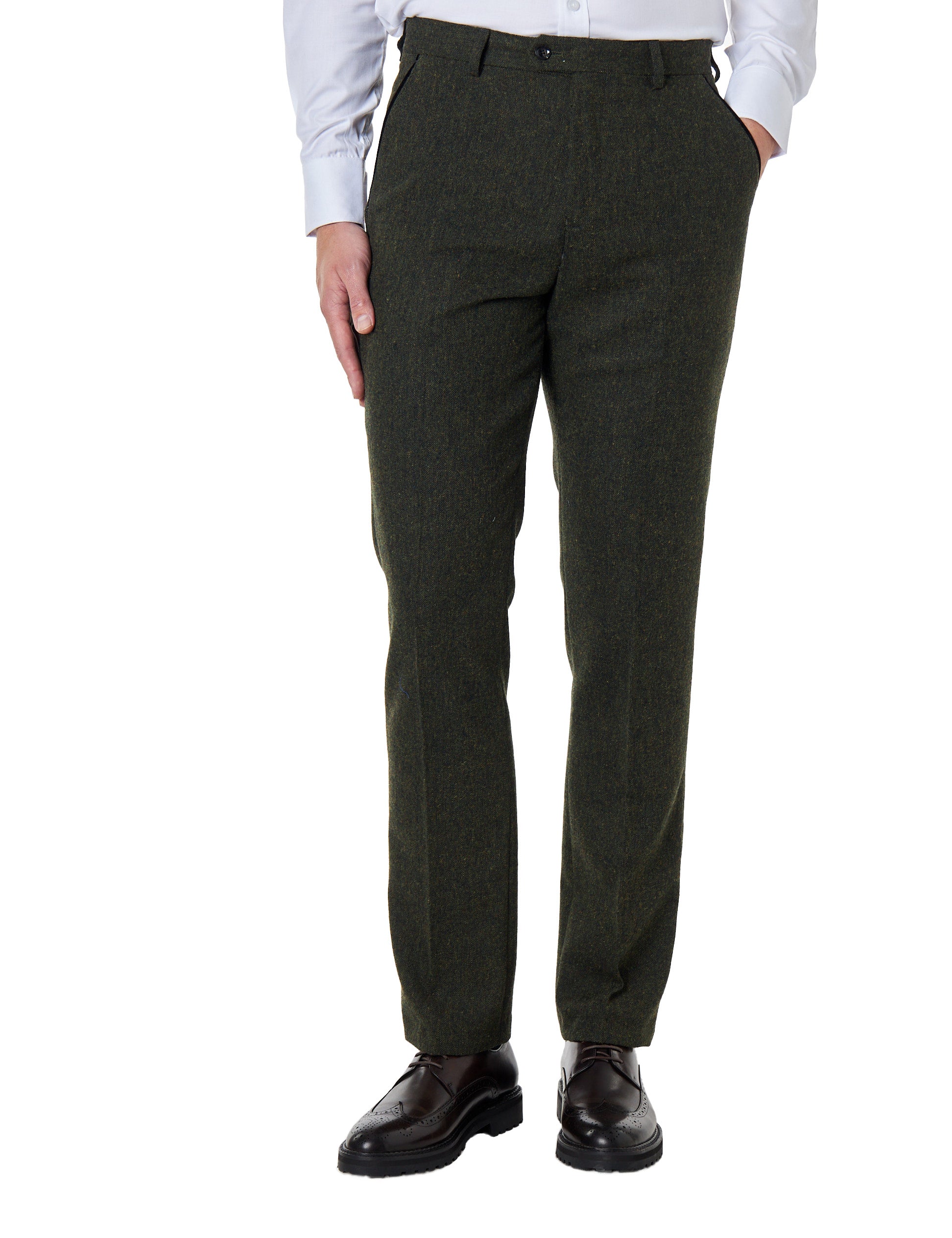 Dane D2- Mens Green Classic Herringbone Tweed Tailored Fit Trousers