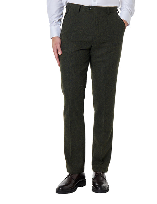 Dane D2 - Pantalon Homme Vert Coupe Ajustée En Tweed À Chevrons Classique