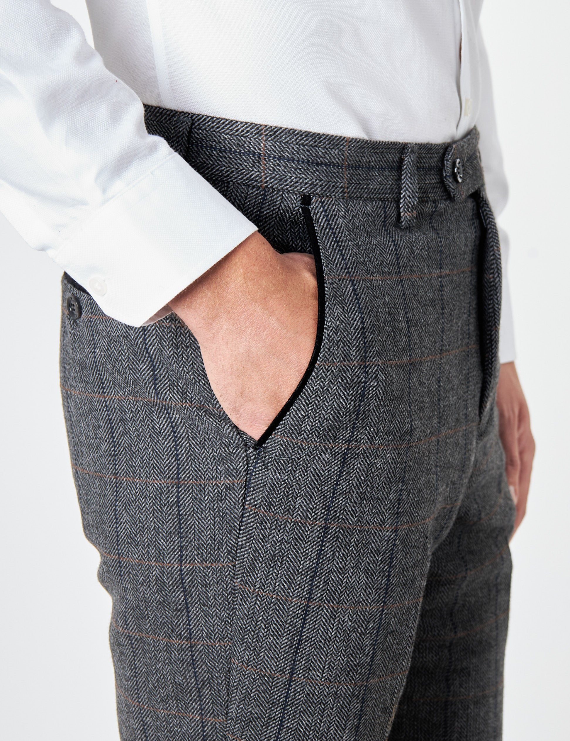 Elton E1 - Mens Black Herringbone Tweed Checks Trousers