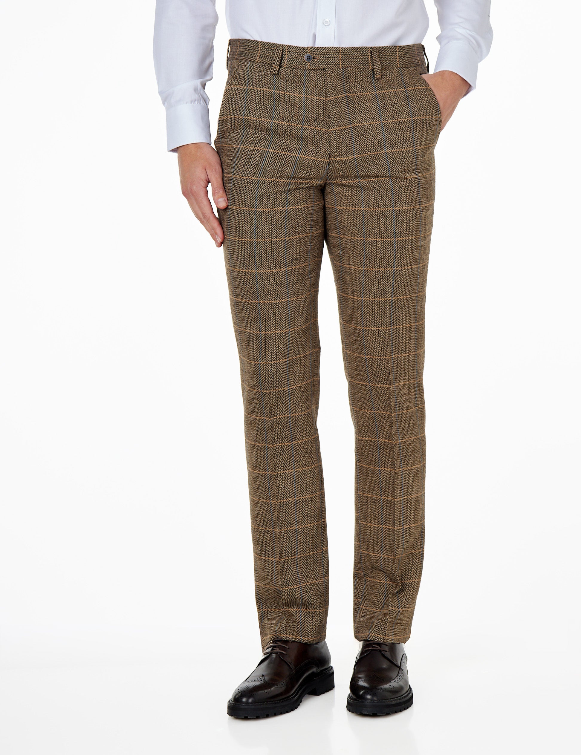 Elton E3 - Mens Brown Herringbone Tweed Checks Trousers