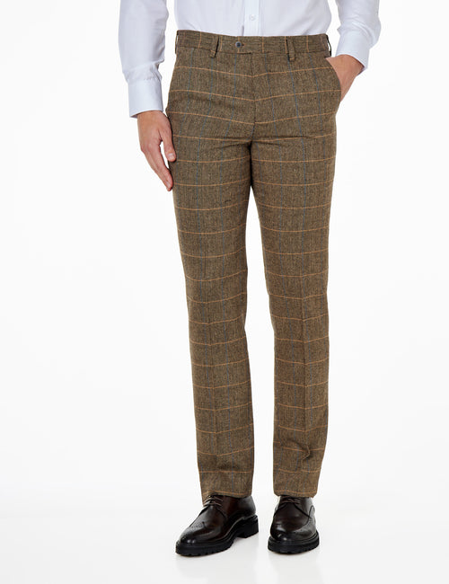 Elton E3 - Pantalon à carreaux en tweed à chevrons marron pour homme