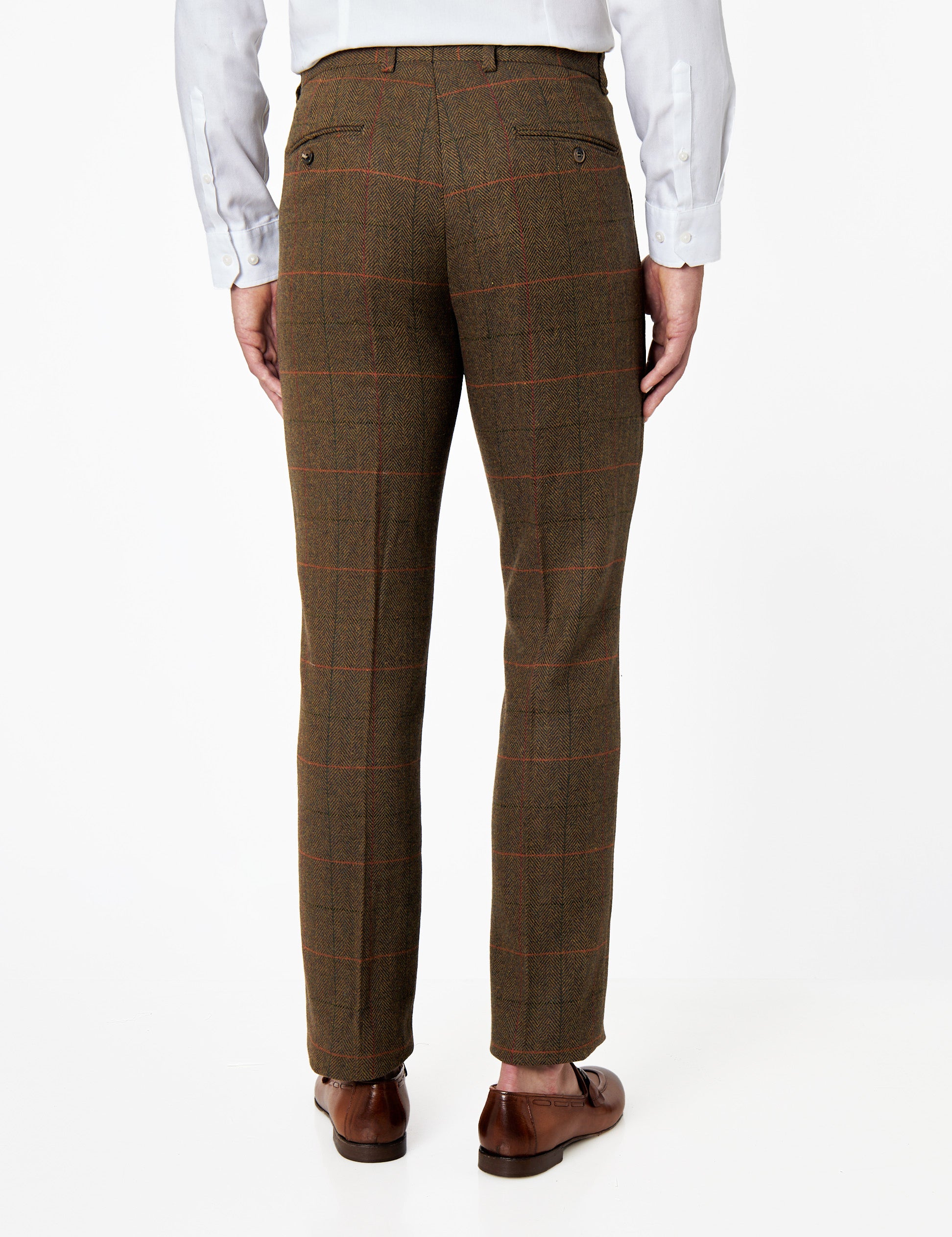Jarvis - Mens Tan Brown Check Vintage Herringbone Tweed Trousers