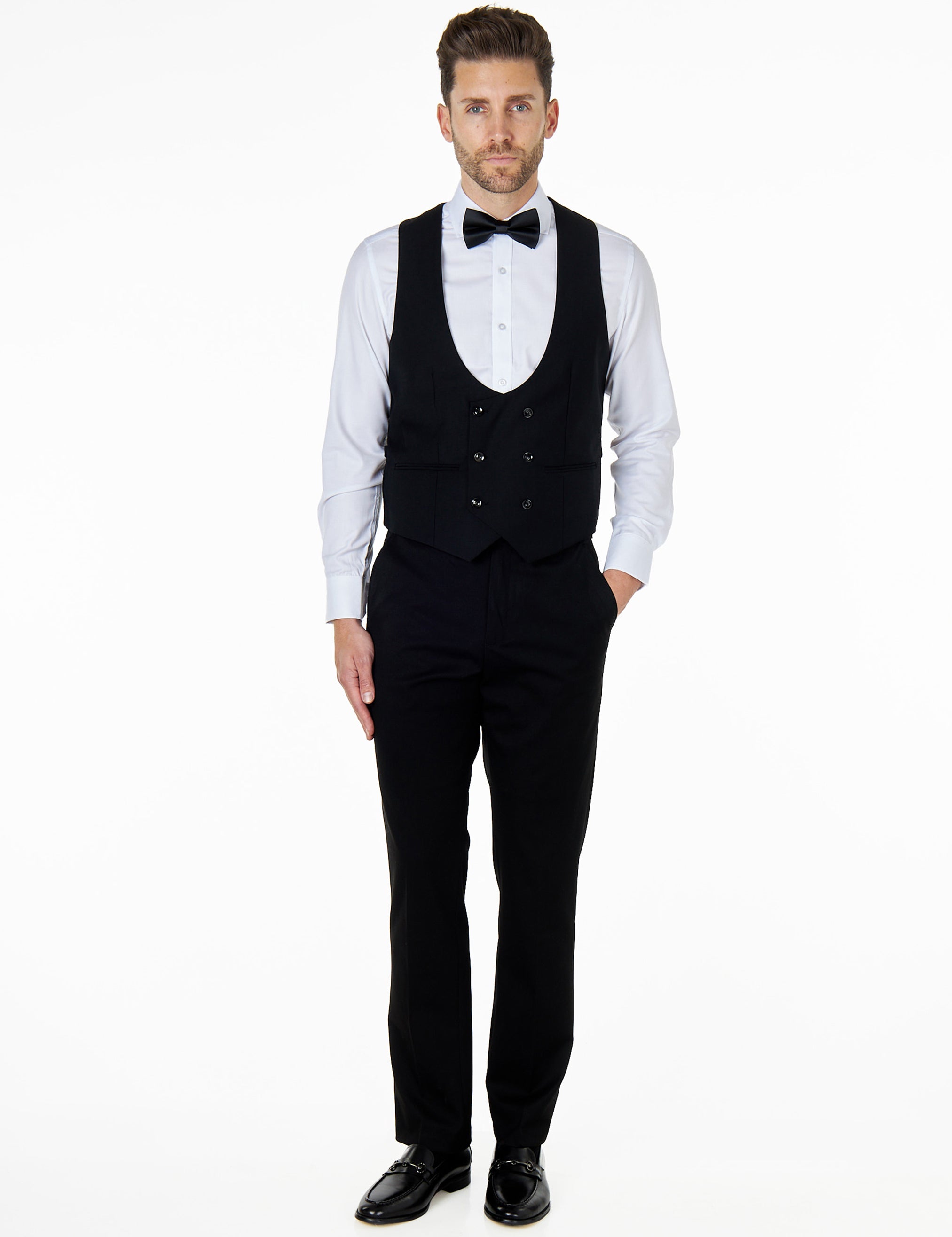 BLACK LOW U CUT DOUBLE BREASTED WAISTCOAT