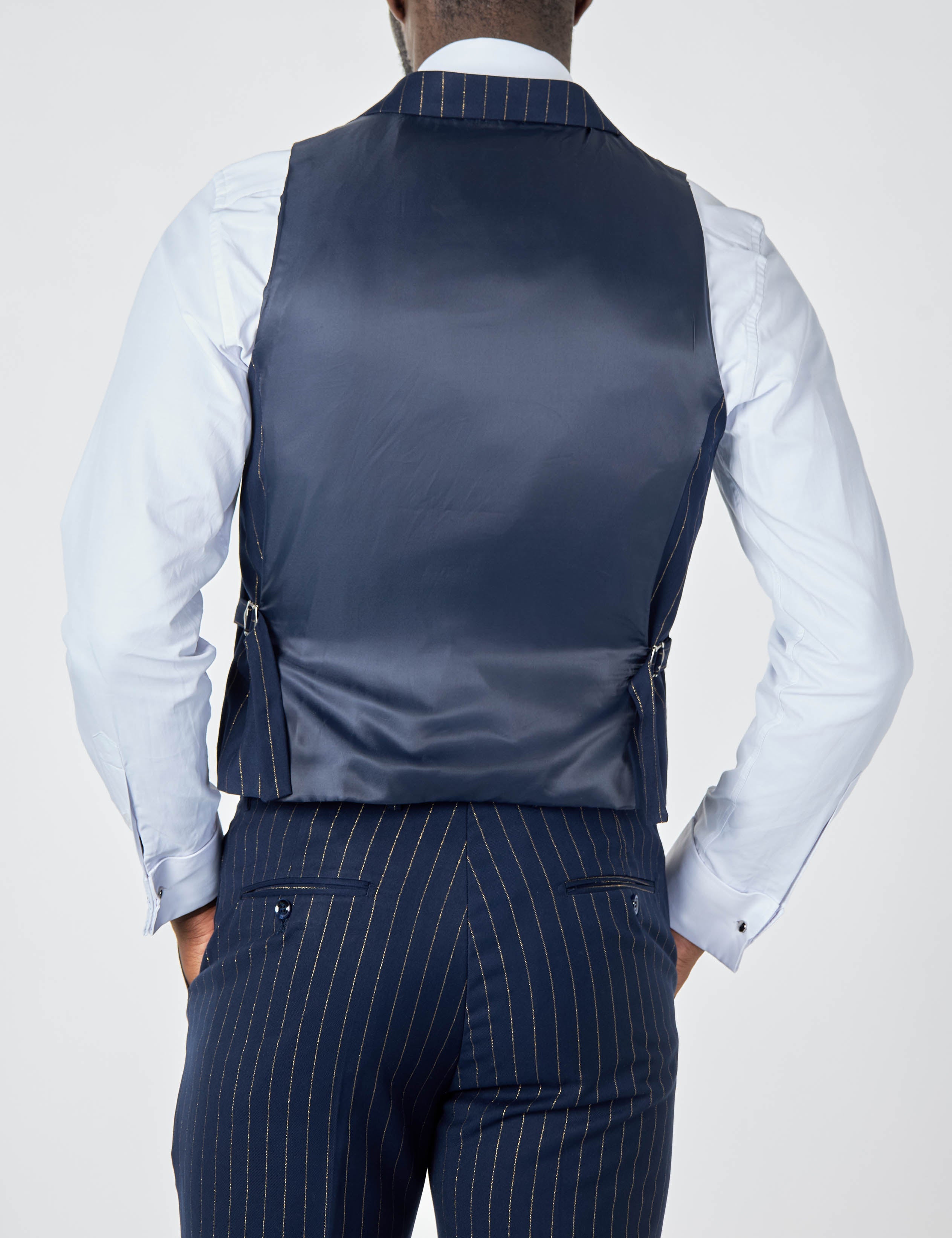 MENS NAVY GOLD PINSTRIPE SMART FORMAL TAILORED FIT WEDDING PARTY WAISTCOAT