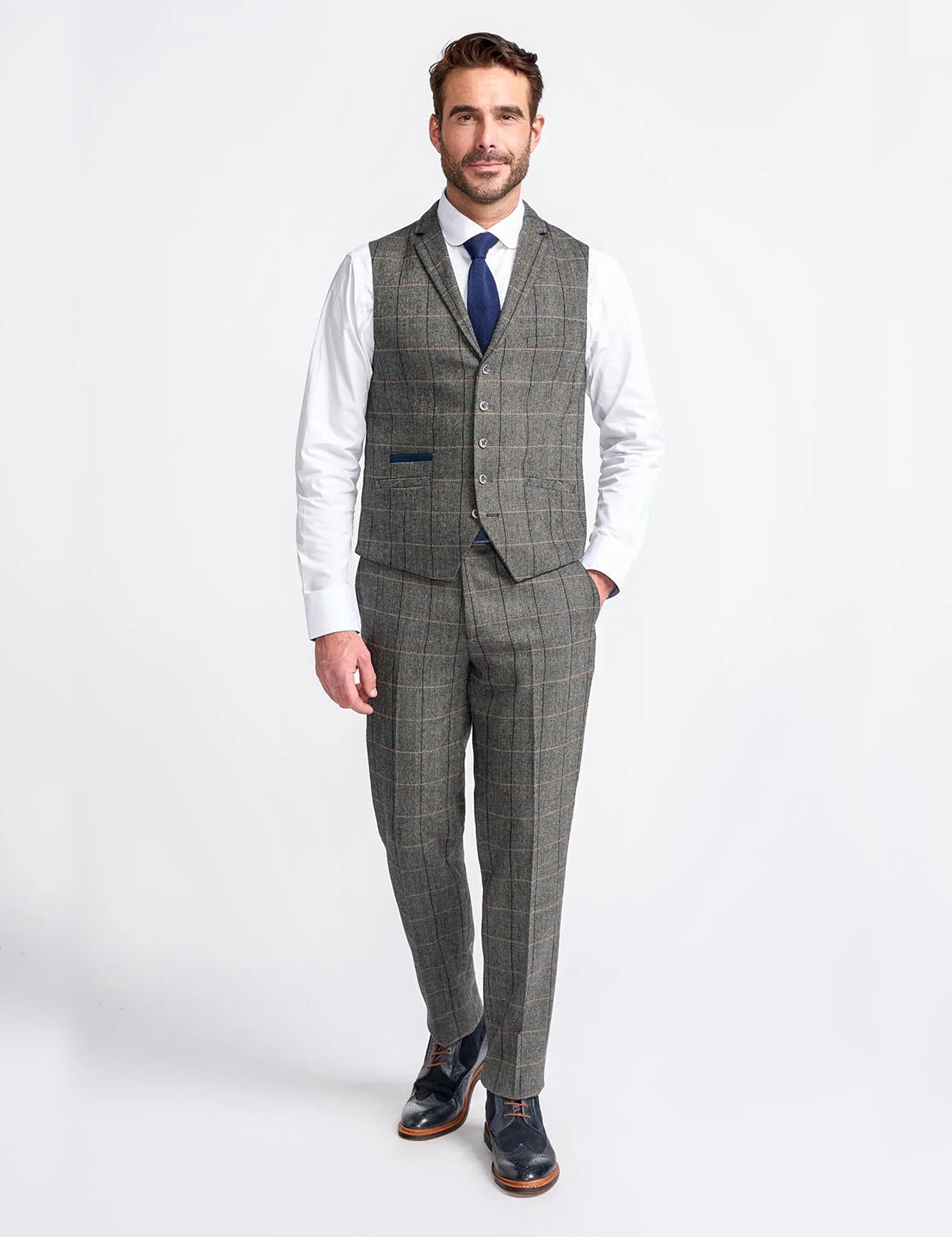 MENS ALBERT GREY TWEED THREE PIECE SUIT