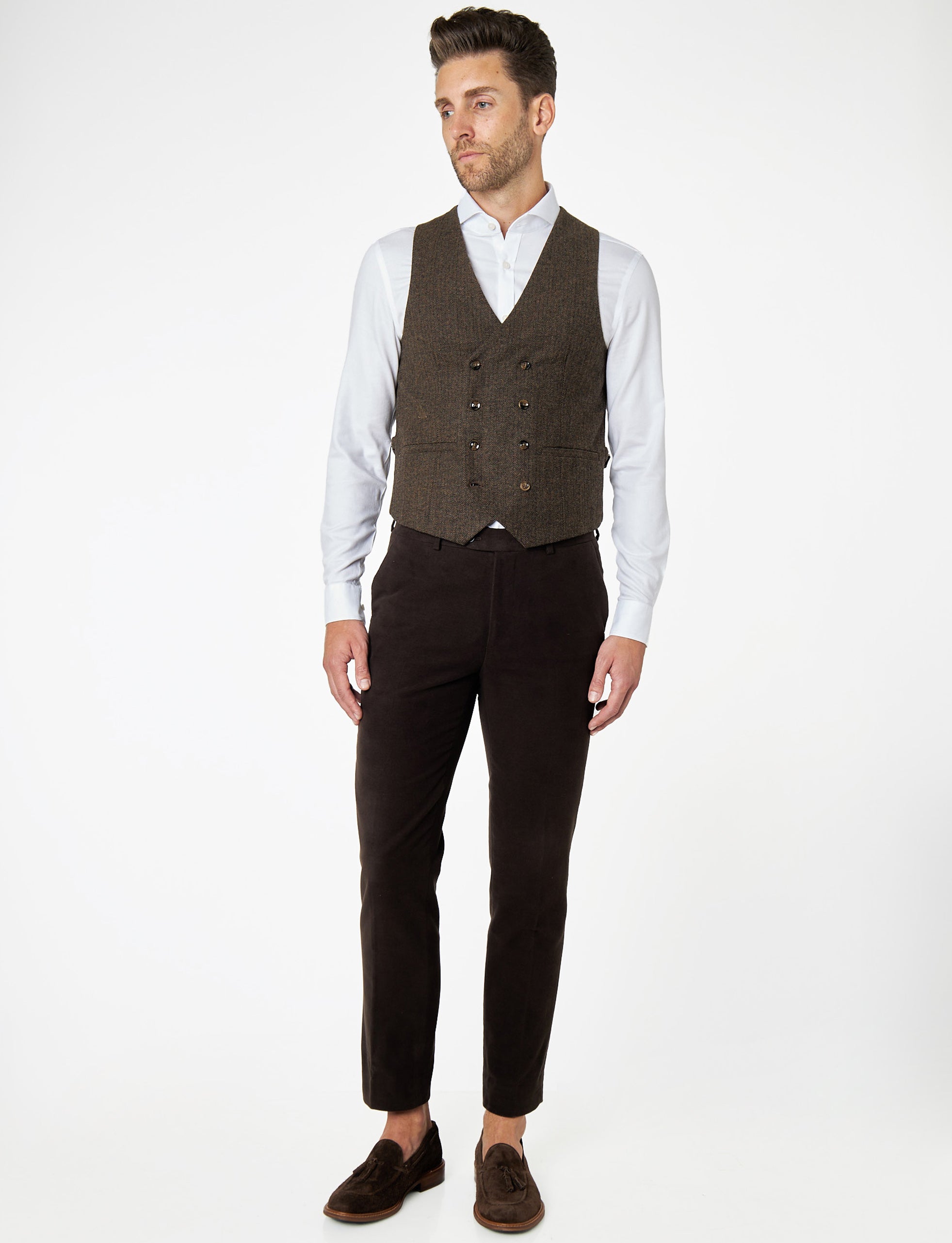JAX - HERRINGBONE TWEED DOUBLE BREASTED WAISTCOAT IN BROWN