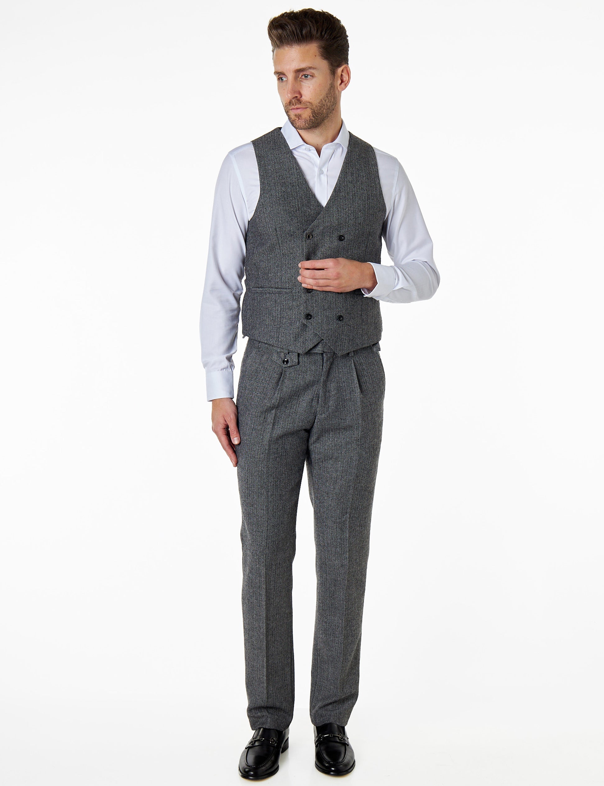 JAX - HERRINGBONE TWEED DOUBLE BREASTED GREY WAISTCOAT
