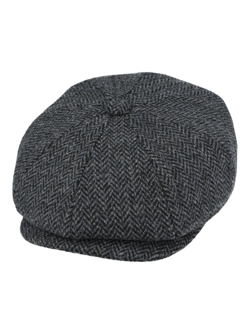 BLACK Gatsby Herringbone Wool Newsboy Flat Cap