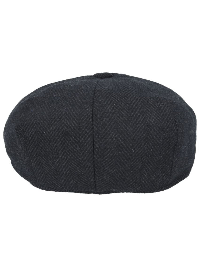 BLACK HERRINGBONE WOOL BLEND NEWSBOY FLAT CAP