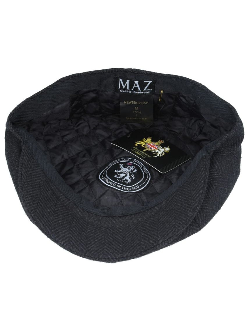 BLACK HERRINGBONE WOOL BLEND NEWSBOY FLAT CAP
