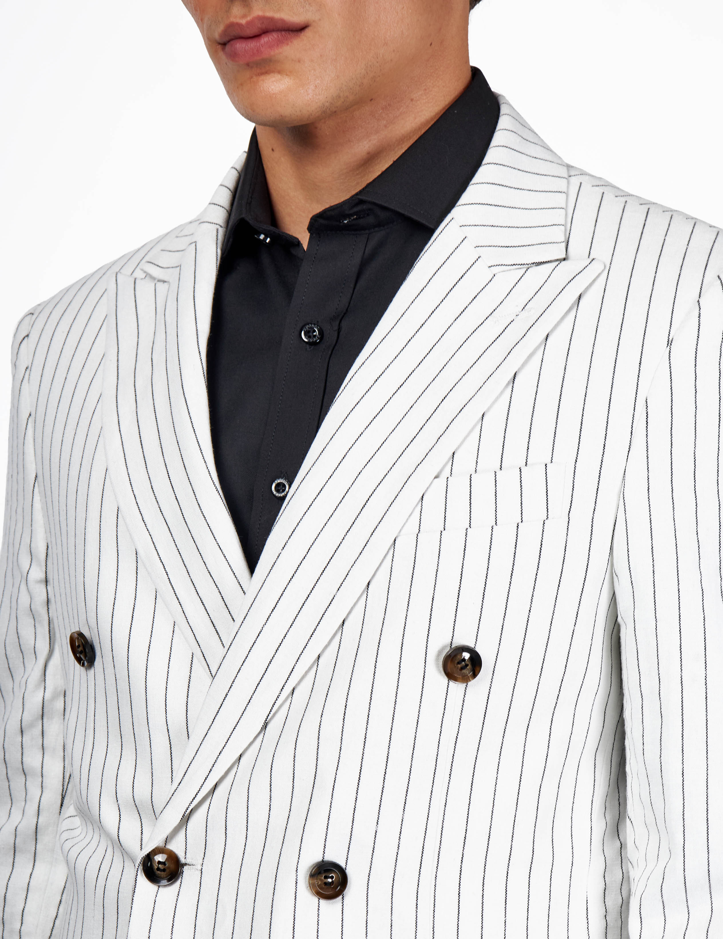 LLOYD – Double Breasted Linen Jacket In White Pinstripes