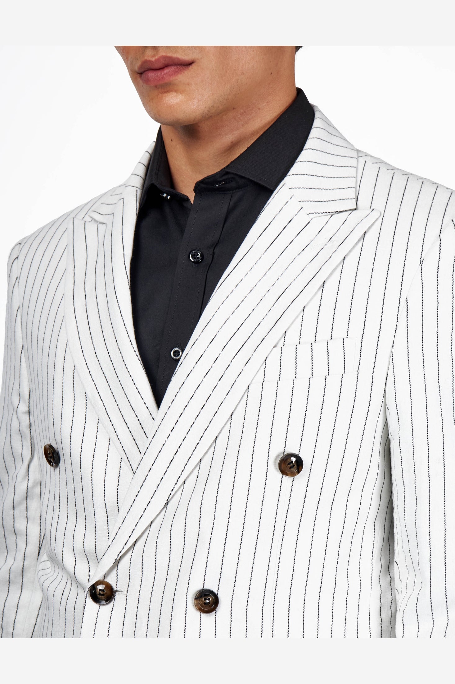 LLOYD – Double Breasted Linen Jacket In White Pinstripes