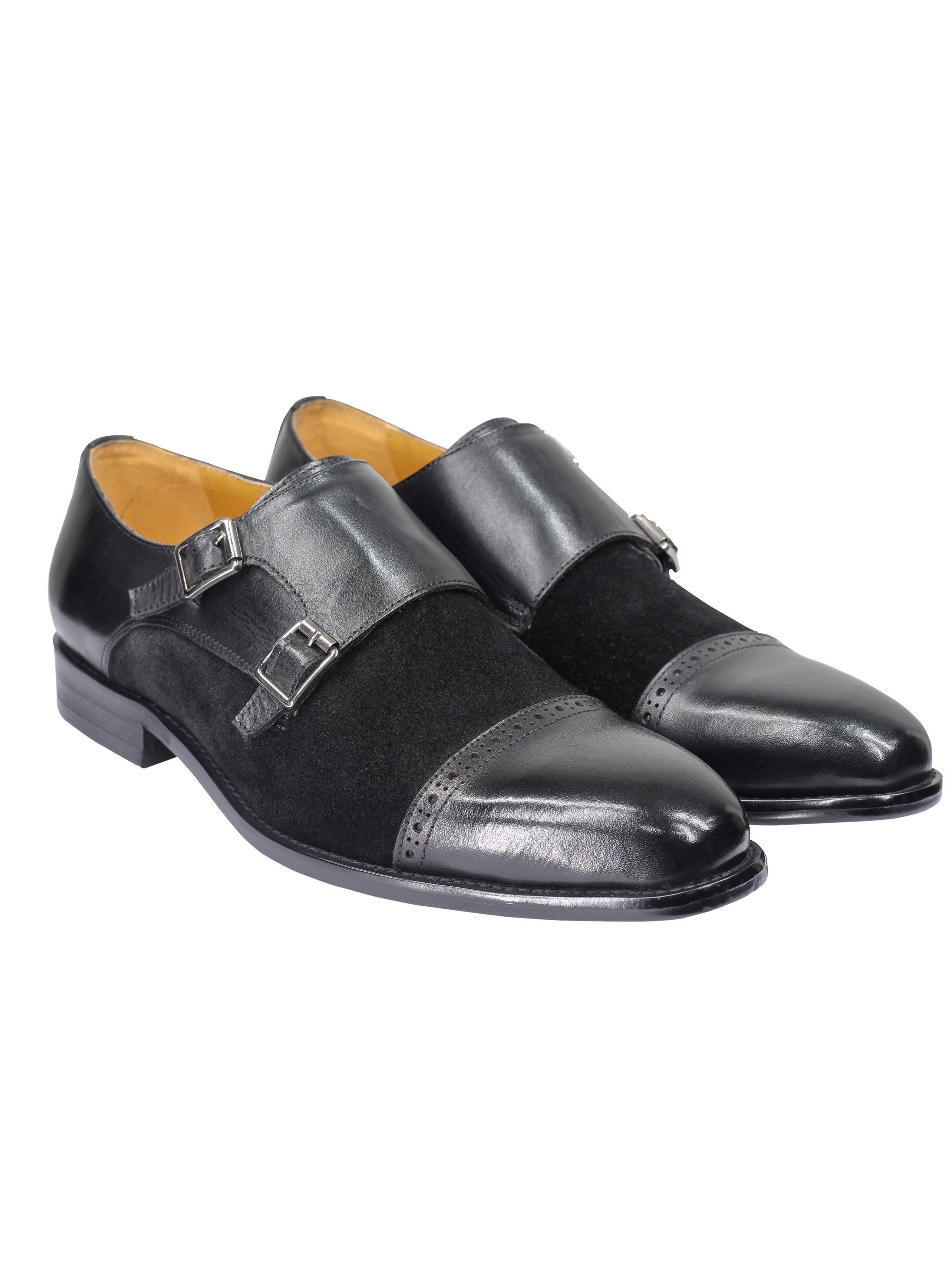 Leather & Suede Black Double Monk Shoes